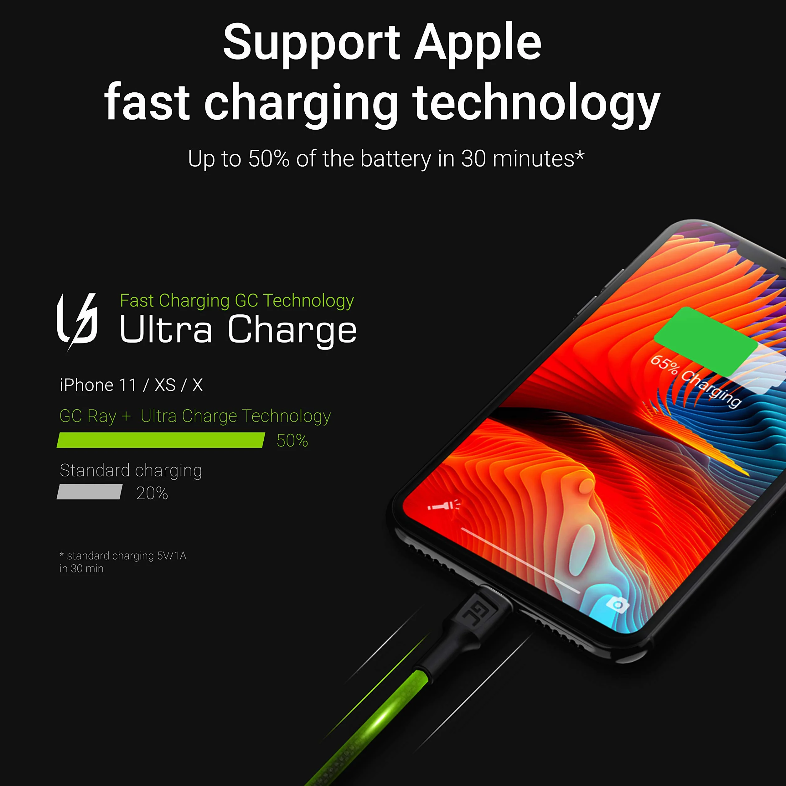 GC Ray LED | 2m Lightning Kabel Oplot nylonowy Przewód do Apple iPhone 12 11 SE Pro/Max | iPhone X XR XS Max | iPhone 8 7 Plus | iPhone 6 6S 5 5C 5S Plus | iPad Air/Pro/Mini | iPod Touch