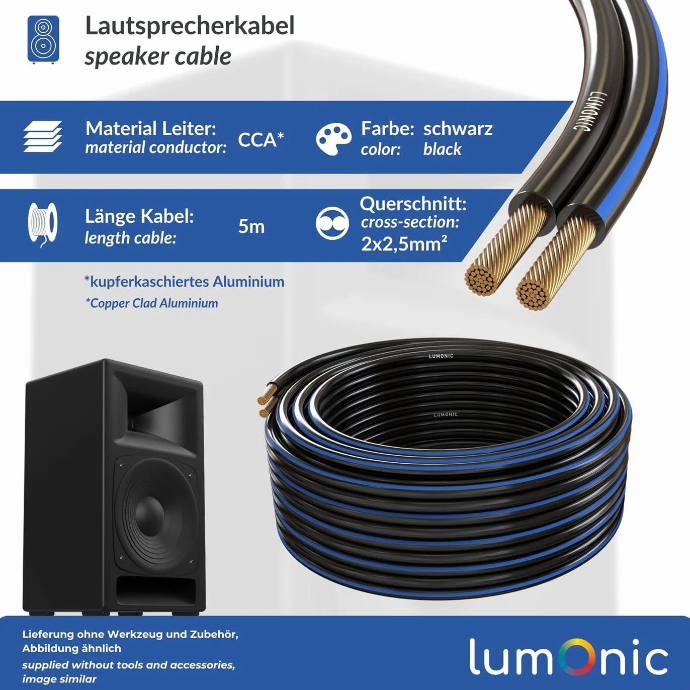Lumonic Kabel glosnikowy | 5m Czarny | 2x 2,5mm² CCA | Niebieskie oznaczenie Kabel glosnikowy HiFi | Podwójna linia audio