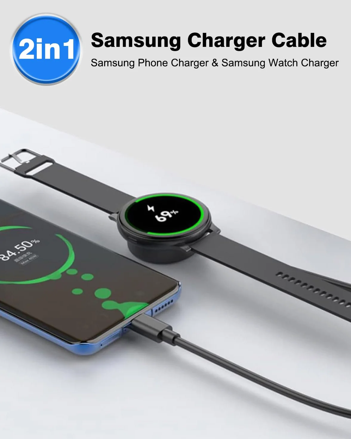 BLITEZZ 2 w 1 Przewód do ładowarki Samsung z magnetyczną ładowarką dla zegarka Samsung/Przewód USB C o długości 2 m kompatybilny z Samsung Galaxy Watch 6/6 Classic/5/5 Pro/4/3/2/Active/Galaxy S22/S21
