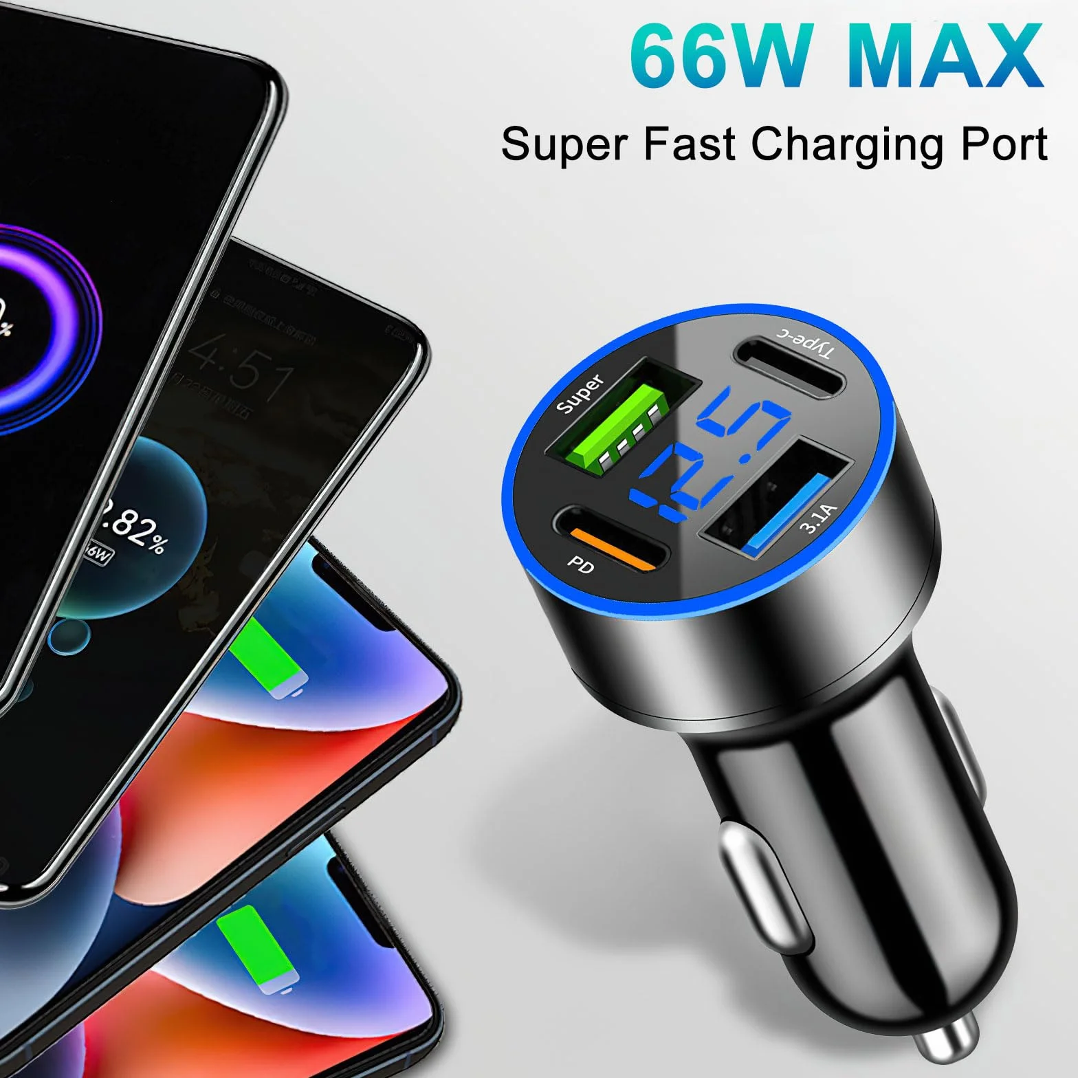 TNSLAND 4-portowy zasilacz USB C woltomierz ładowarka LED PD30W QC3.0