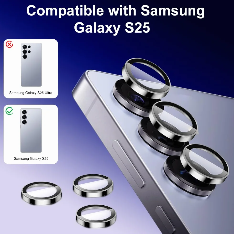 OFFCUP Ochraniacz obiektywu aparatu do Samsung Galaxy S25, 2 zestawy pojedynczych ochraniaczy obiektywu, odporne na zarysowania, ultracienkie szkło hartowane 9H, łatwa instalacja, kolor srebrny