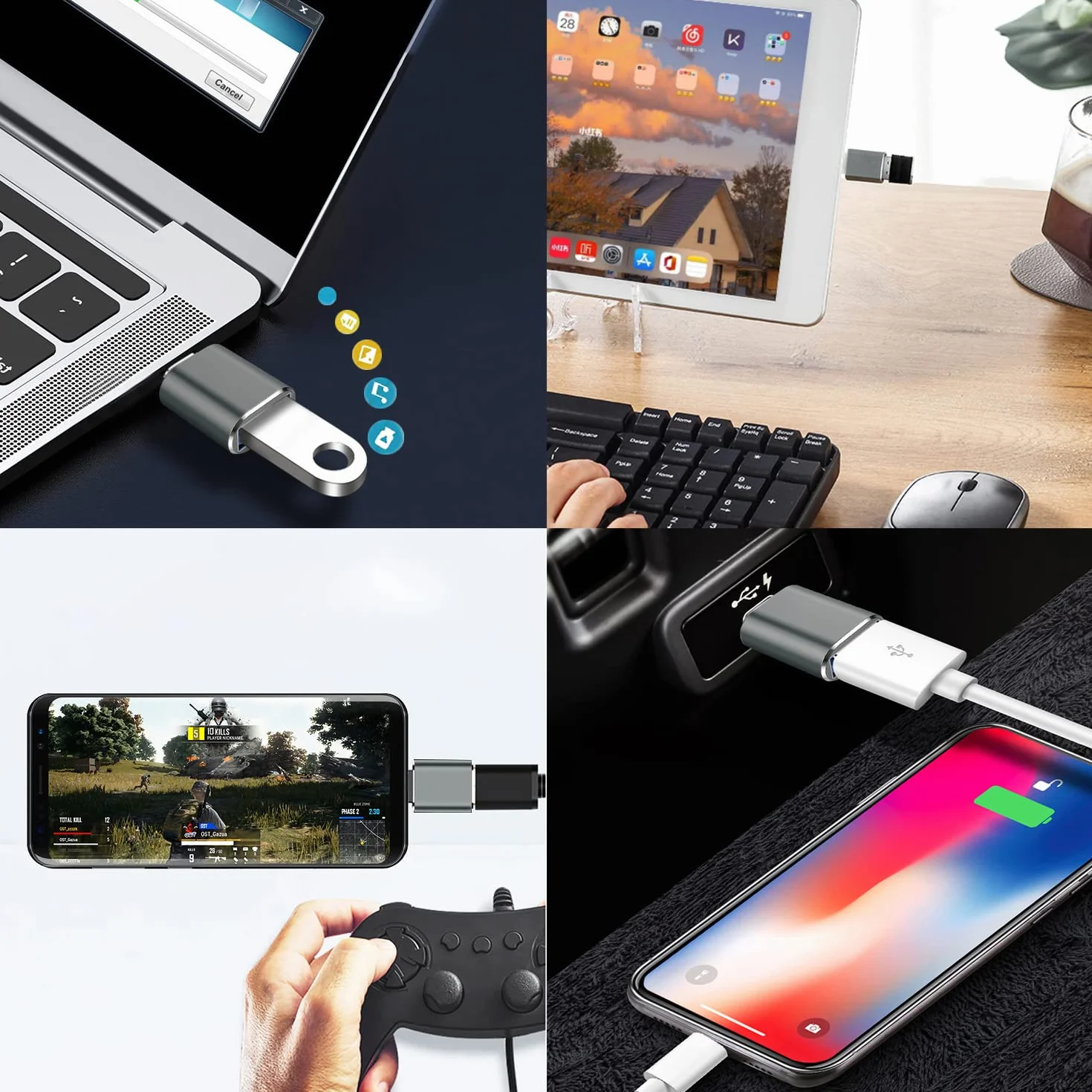 Adapter USB C na USB (4 Sztuki), USB-C męski na USB-A żeński, Adapter OTG Kompatybilny z MacBook, iPhone 17/16/15, iPad, Samsung Galaxy S25 S24 S23 A56 A36 A16 A15, Smartfon, Tablet, Laptop (Szary)