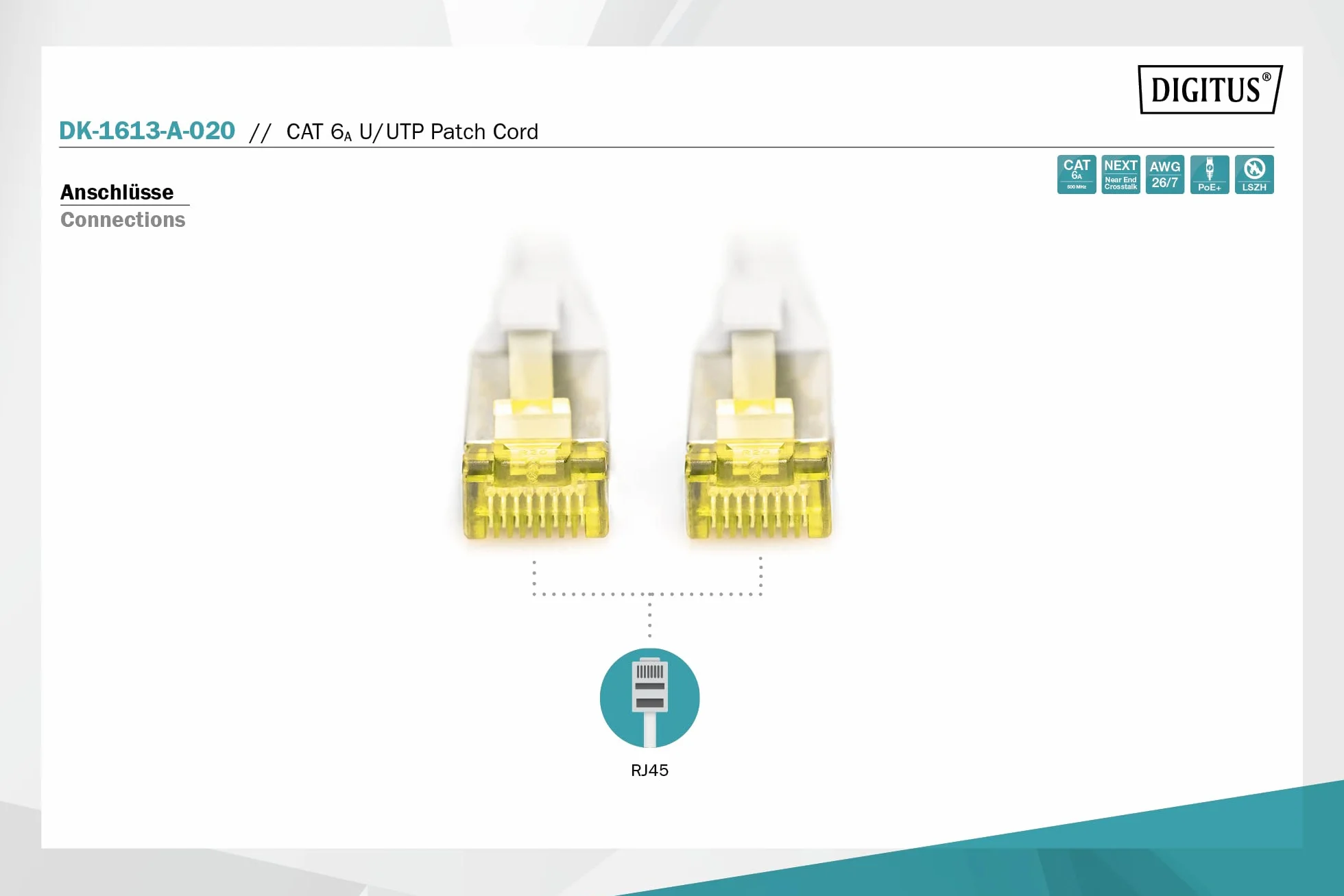 DIGITUS Kabel LAN Cat 6A – 2 m – U/UTP nieekranowany – 10 Gb/s – 500 MHz – PoE+ – AWG 26/7 – LSZH – kabel sieciowy RJ45 – kompatybilny z Cat6 i Cat7 – szary