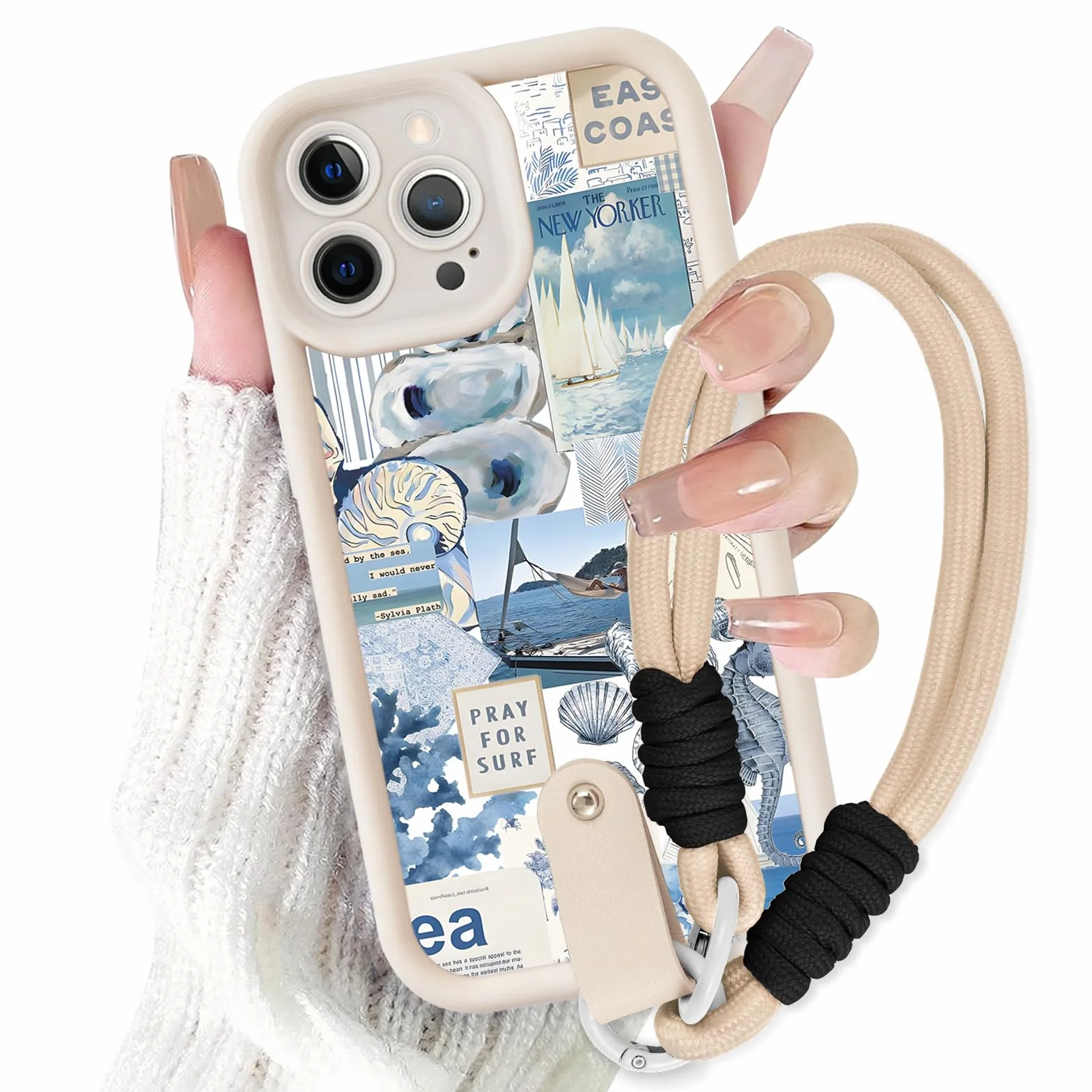Yoedge Pokrowiec ze smyczą Zegarki dla iPhone 13 Pro Max, Kolaż estetyczne letnie puzzle muszle koralowe rysunki, silikonowe etui z paskiem na ramię naszyjnik dla iPhone 13 Pro Max 6,7"