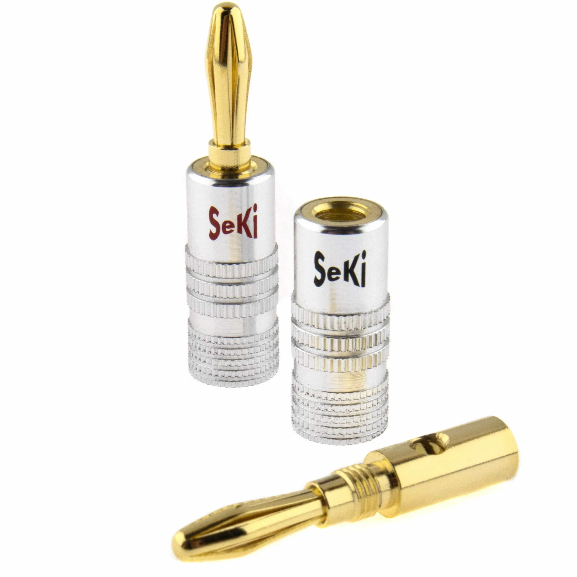 SeKi 2 x wtyk bananowy 24 K pozłacany do kabla głośnika do 6 mm² z kodowaniem kolorowym (czerwony i czarny) do podłączenia kabla do urządzeń HiFi, stopni wyjściowych, odbiorników AV, wzmacniaczy i wieży stereo