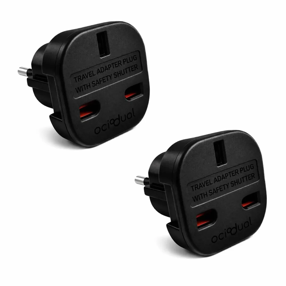 OcioDual 2x Adapter wtyczki brytyjskiej, adapter wtyczki brytyjskiej do europejskiej, wtyczka typu G, konwerter 3-stykowy z Anglii na 2-stykowy z Europy z blokadą, czarny