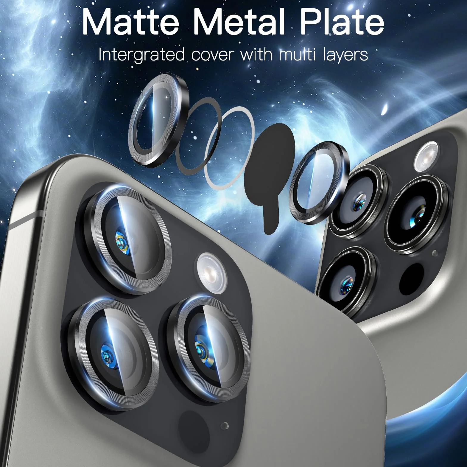 Ochrona obiektywu aparatu iPhone 15 Pro/15 Pro Max, aluminiowy pierścień 3D, szkło hartowane 9H, ochrona 360 stopni, czystość HD (czarna)