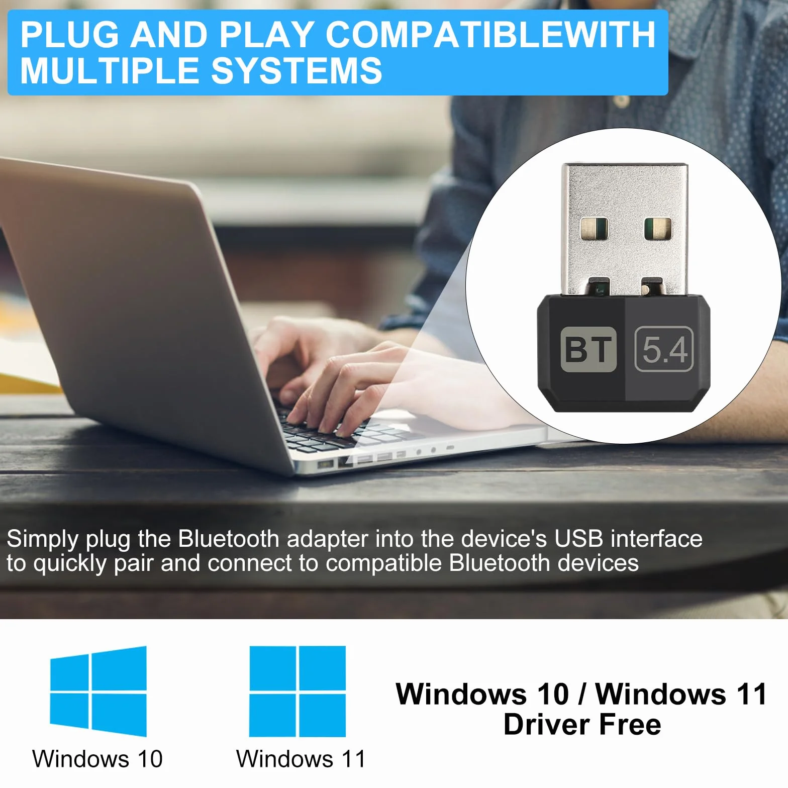 TNSLAND Adapter Bluetooth 5.4, USB Stick Dongle do PC, Plug and Play, Kompatybilny z Win7 8 8.1 10 11