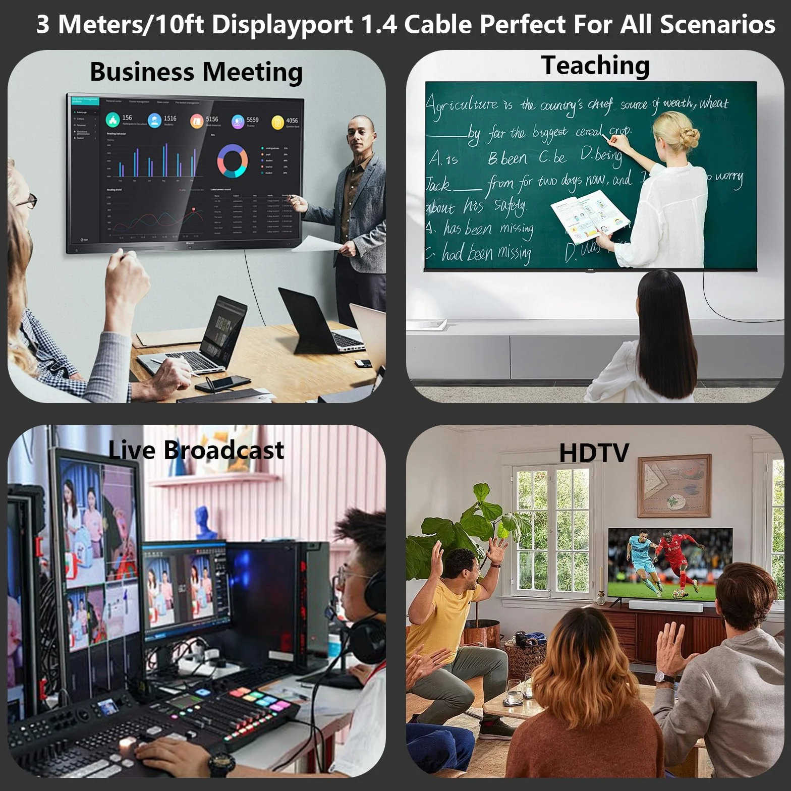 Kabel DisplayPort 1.4 3M, nylonowe złącza kabla DP Wsparcie 8K przy 60 Hz, 4K przy 144 Hz / 120 Hz / 60 Hz / 2K przy 240 Hz / 165 HZ G-Sync i FreeSync / 32,4 Gbit/s/HDR10/HDCP2.2 DisplayPort-kabel do