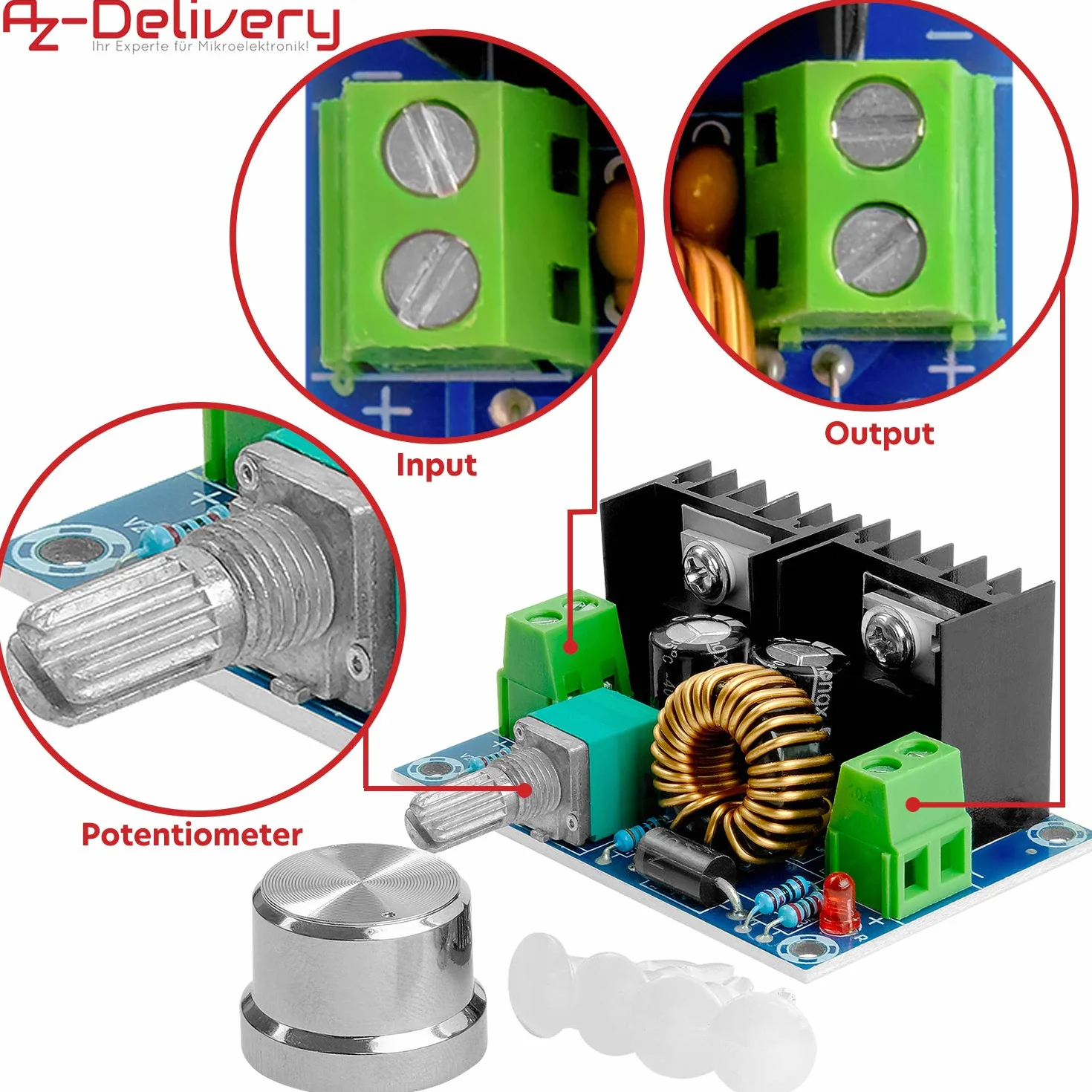 AZDelivery XL4016E1 DC-DC Step Down Buck Converter Regulowany 4-40V do 1.25-36V 8A PWM XH-M401 kompatybilny z Arduino