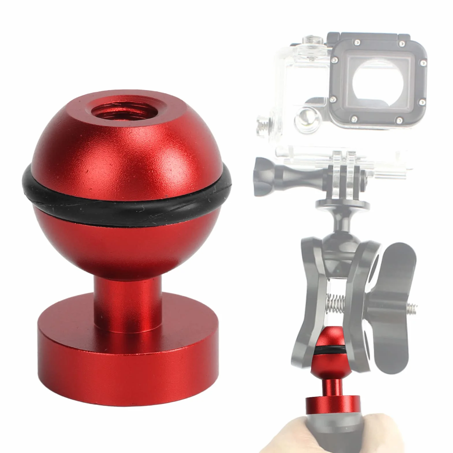 Akozon Unterwasser-Kugelarmadapter Tauchlampe Kugelkopf Anodisieren von Harter Beschichtung von Aluminiumlegierungen Kleiner, Leichter, Langlebiger Tauchtaschenlampen-Kugelkopf(rot)