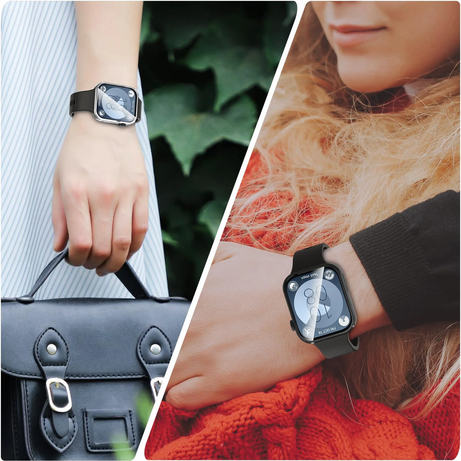 WD&CD Etui kompatybilne z Huawei Watch Fit 3 [2 sztuki], etui ochronne z TPU z folią ochronną na wyświetlacz, kompatybilne z Huawei Watch Fit 3, przezroczyste, czarne, srebrne i różowe