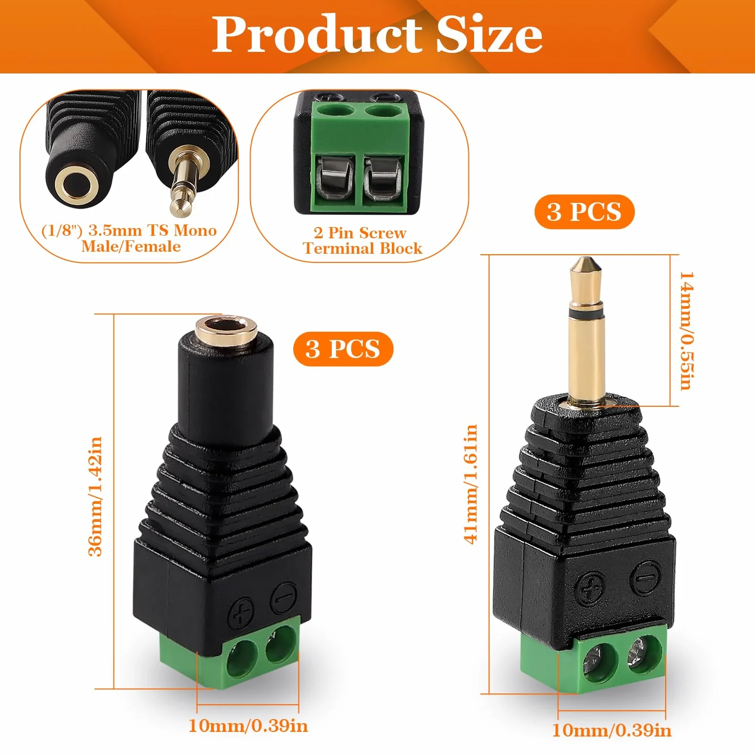 6 Sztuk 3.5mm TS Mono Męski/Żeński to 2-Stykowy Zacisk Śrubowy Adapter Konwertera, Adapter Konwertera AUX Headphone Balun bez lutowania ze Śrubokrętem