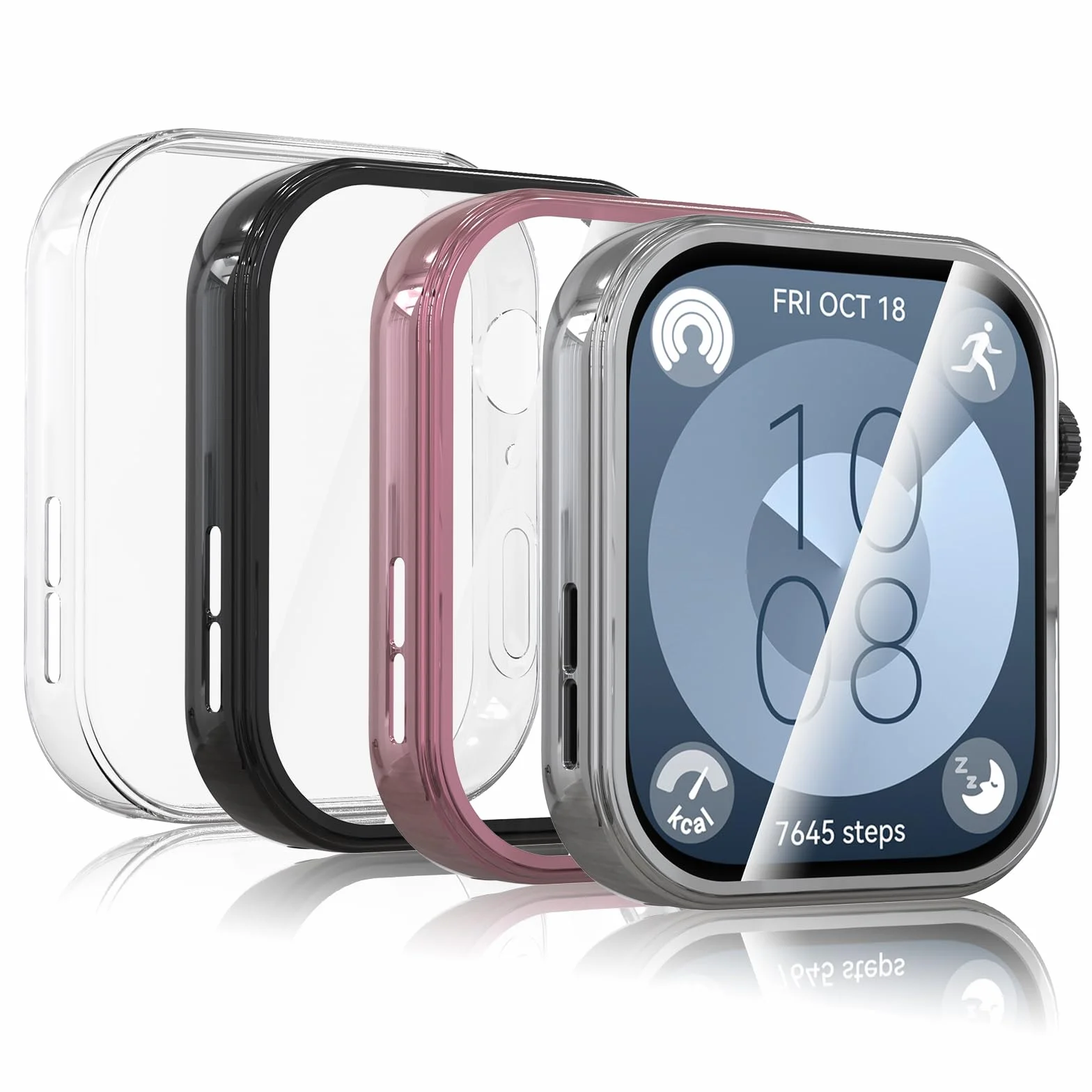 WD&CD Etui kompatybilne z Huawei Watch Fit 3 [2 sztuki], etui ochronne z TPU z folią ochronną na wyświetlacz, kompatybilne z Huawei Watch Fit 3, przezroczyste, czarne, srebrne i różowe