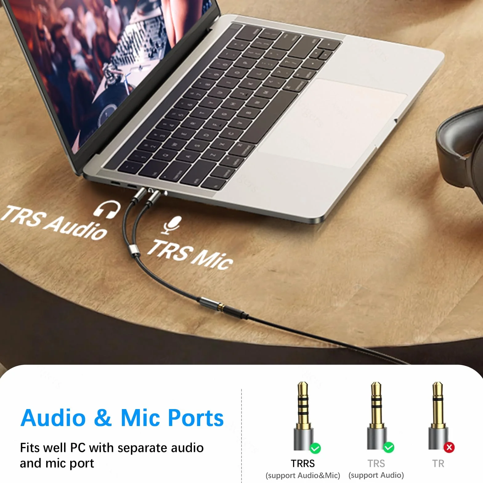 Adapter audio, rozdzielacz, wtyczka jack 3,5mm słuchawki, mikrofon, rozdzielacz audio gniazdo na 2 podwójne wtyczki 3,5mm, kabel Aux do zestawu słuchawkowego