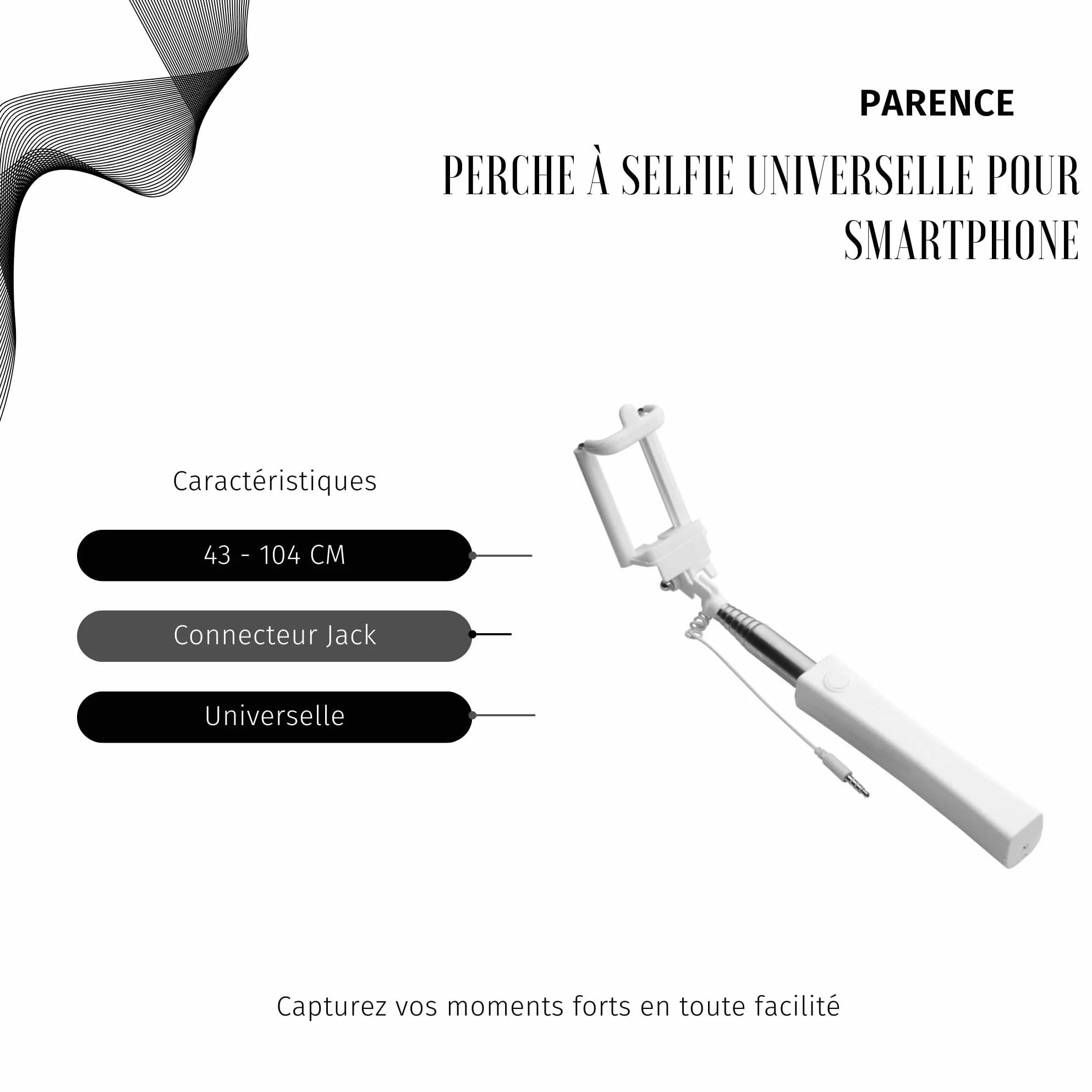 PARENCE.- Uniwersalny kijek do selfie do smartfona/przycisku fotograficznego/połączenia jack - długość 1 metr otwarty, Losowy kolor