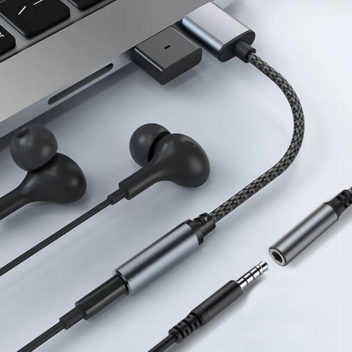 Adapter Audio z USB na Jack 3,5 mm, Adapter USB na Audio Gniazdo, Adapter USB na Stereo AUX Kompatybilny z Słuchawkami, Laptopem, Głośnikiem, i nie tylko (Szary)