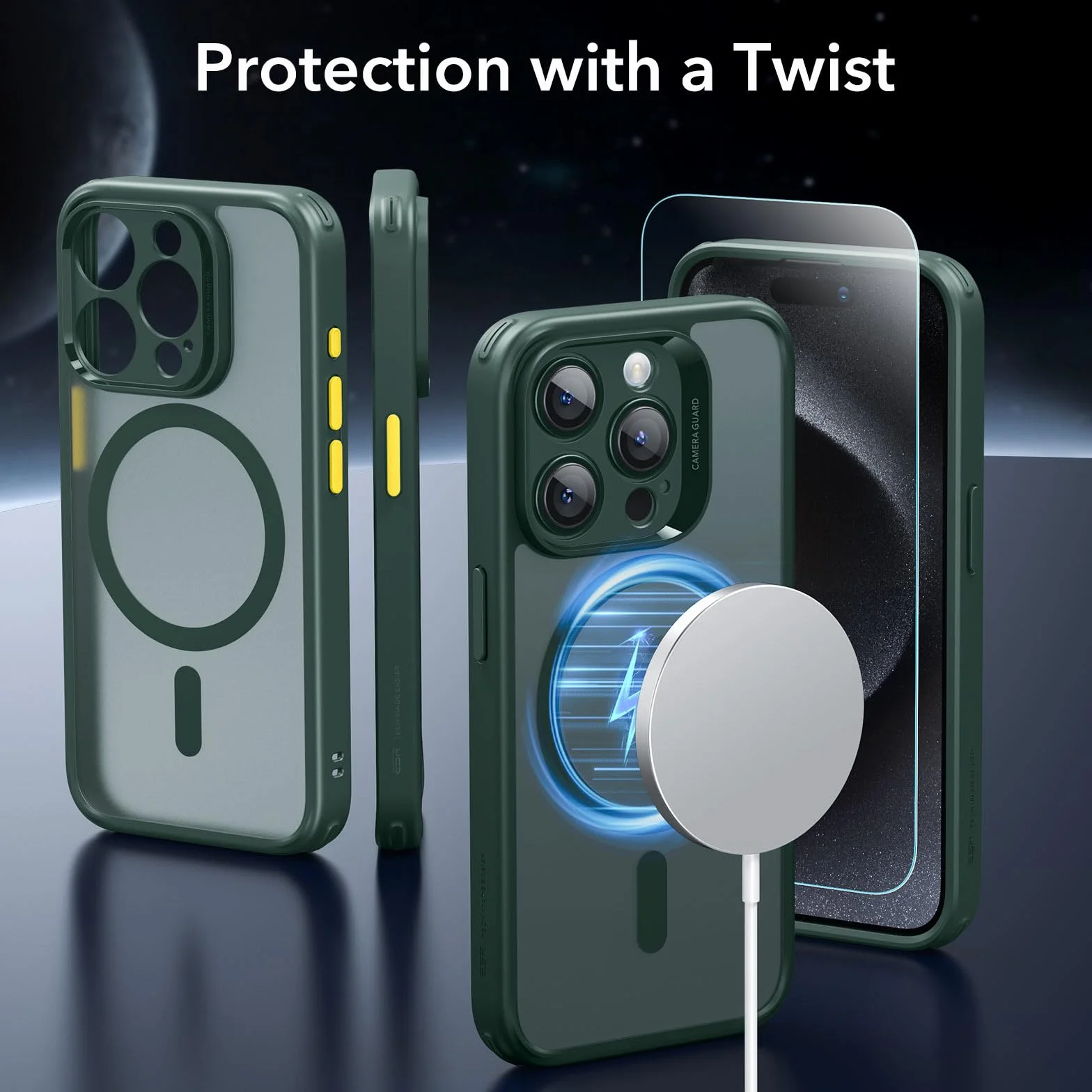 ESR Etui do iPhone 15 Pro, półprzezroczyste matowe, MagSafe, ochrona wojskowa, klasyczne ciemnozielone