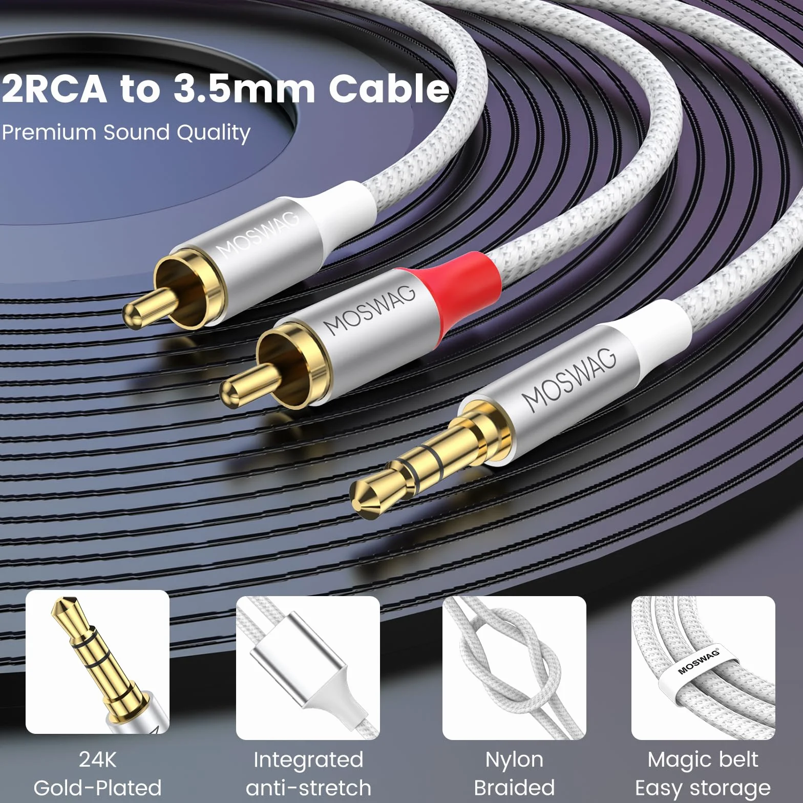 MOSWAG Kabel RCA 3,5 mm męski na 2RCA adapter audio stereo podwójnie ekranowany pozłacany nylonowy pleciony