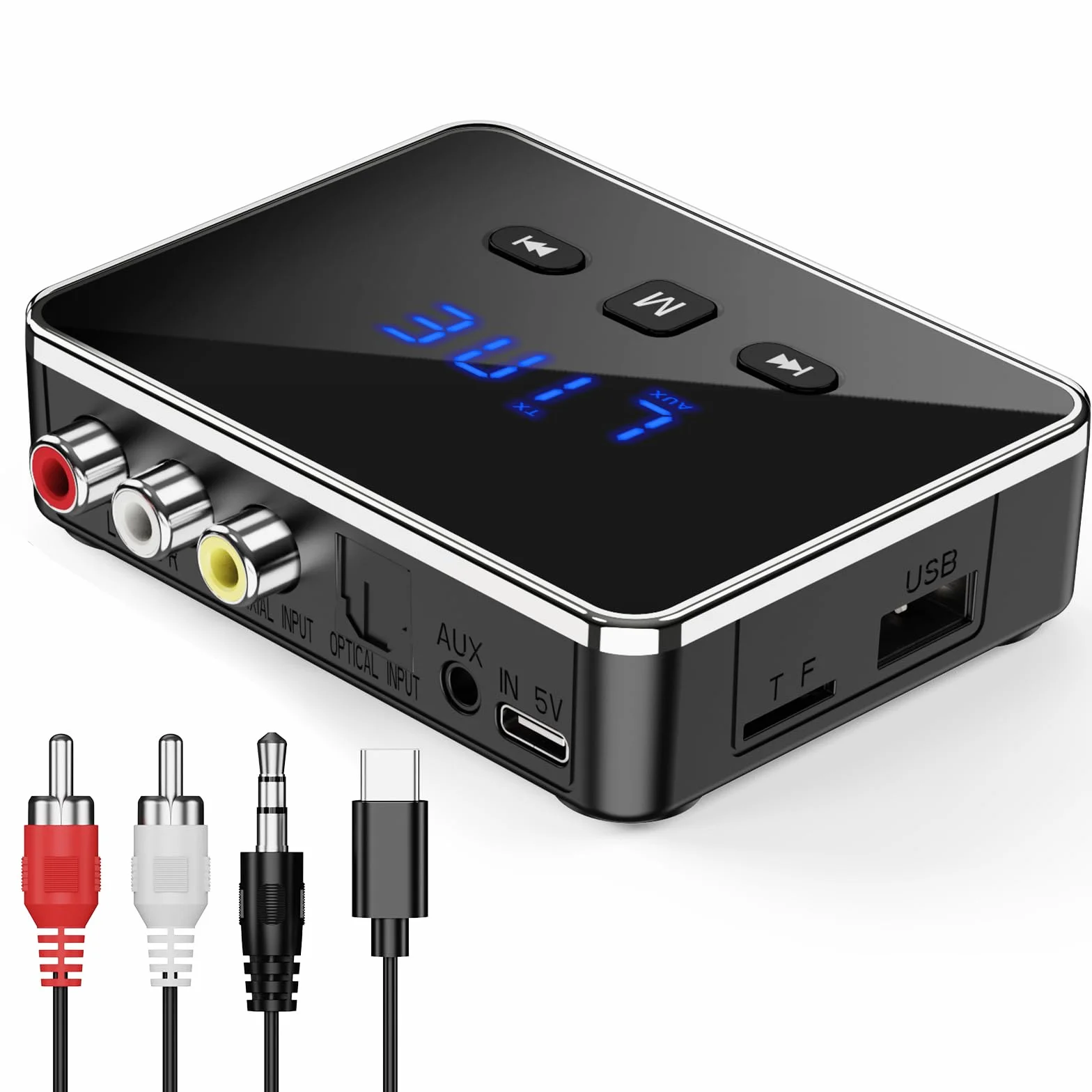 OQIMAXNadajnik Bluetooth 5.4, 3 w 1 adapter Bluetooth/AUX/RCA/optyczny, transmiter Low Latency, odbiornik do TV/PC, system stereo, obsługuje kartę TF/USB