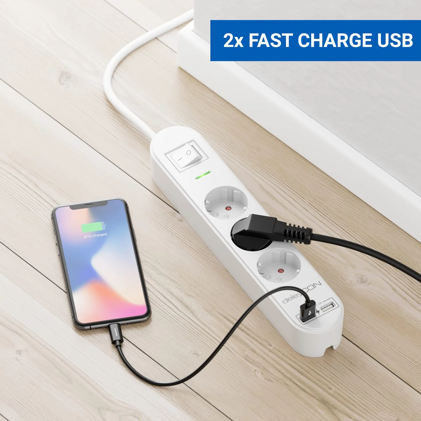 deleyCON 5m Listwa Zasilająca 3-Gniazda z USB, 3x Gniazdo z Bolcem Ochronnym, 2x USB-A Port ładowania np. do Telefonu & Tabletu, Ochrona Przeciwprzepięciowa, Wyłącznik ON/OFF, Biała