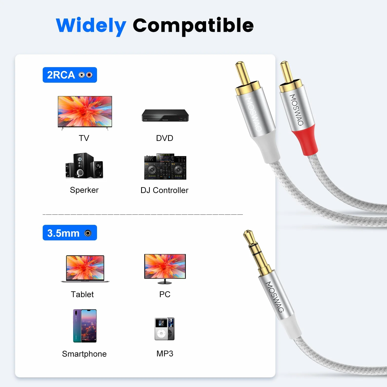 MOSWAG Kabel RCA 3,5 mm męski na 2RCA adapter audio stereo podwójnie ekranowany pozłacany nylonowy pleciony