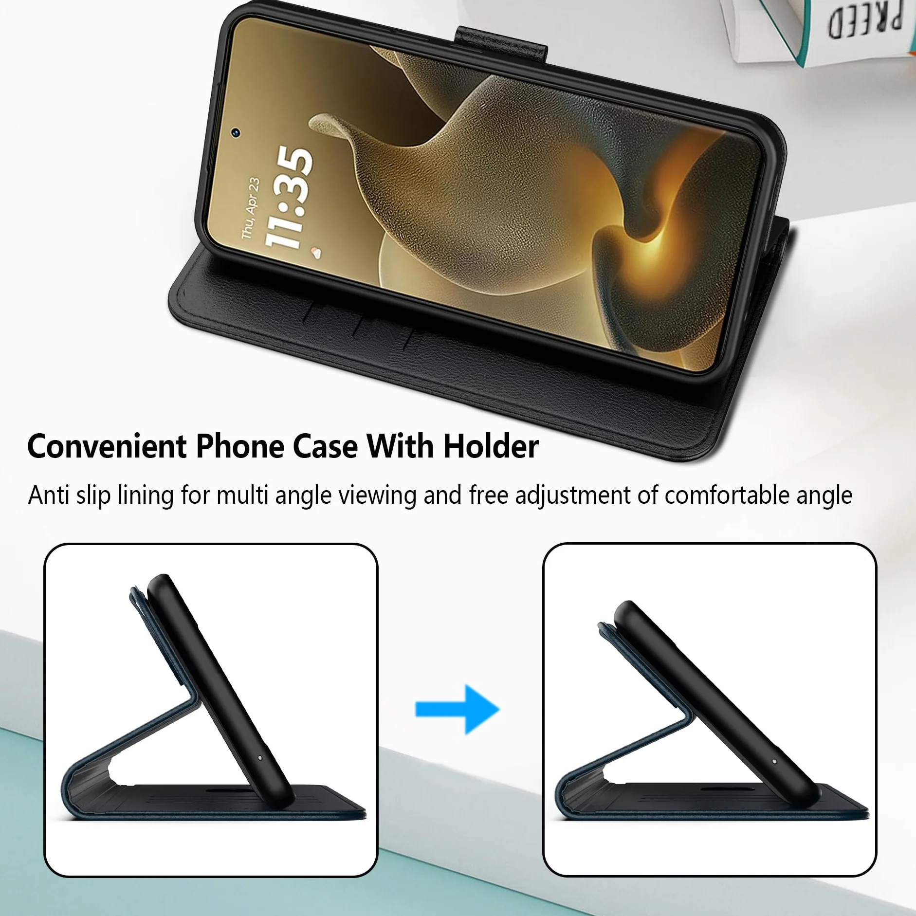 Etui do Motorola Moto G15, wysokiej jakości skórzane etui z klapką z przegródkami na karty, magnetyczne zamknięcie, podpórka, odporne na wstrząsy ochronne, do telefonu Motorola G15, czarne