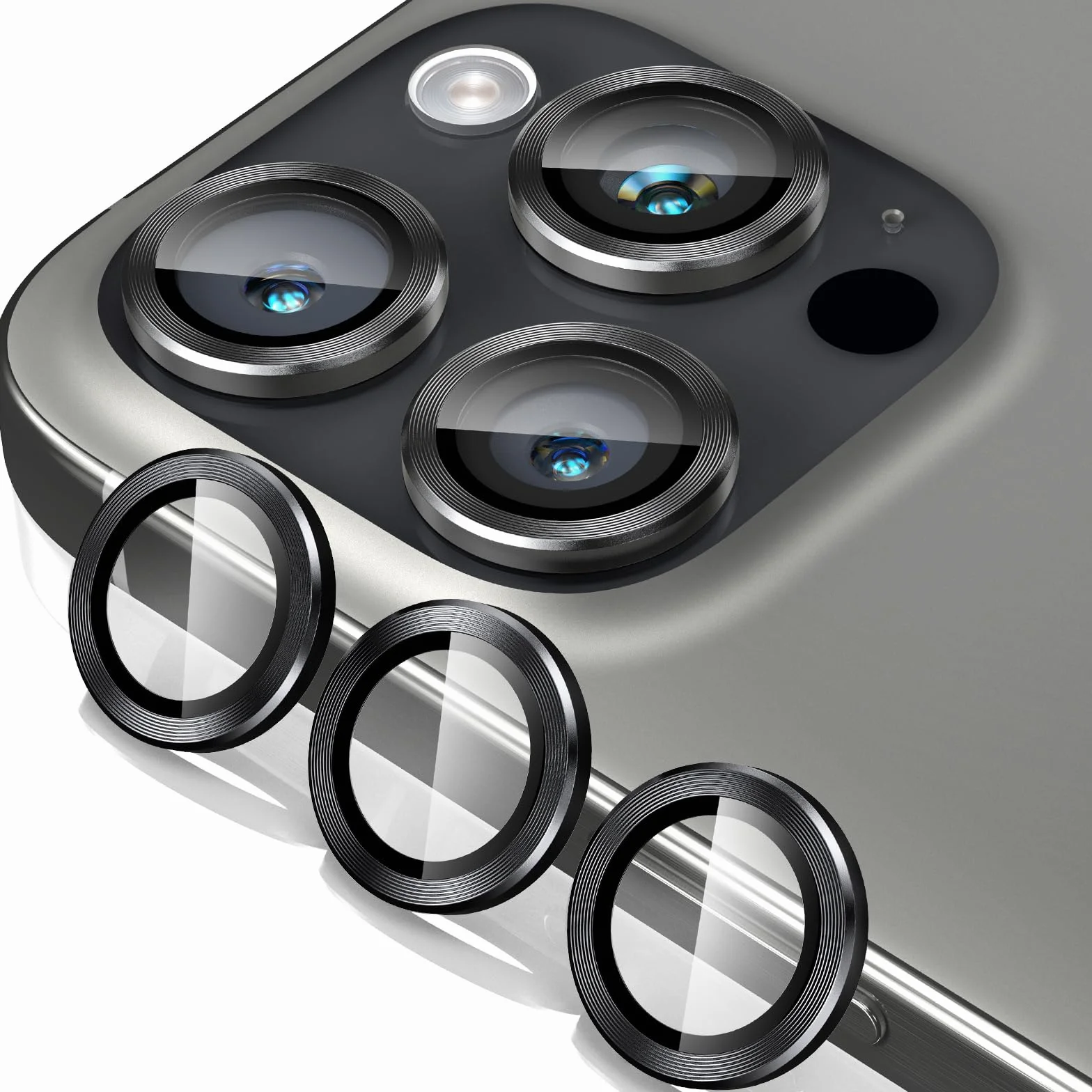 Ochrona obiektywu aparatu iPhone 15 Pro/15 Pro Max, aluminiowy pierścień 3D, szkło hartowane 9H, ochrona 360 stopni, czystość HD (czarna)