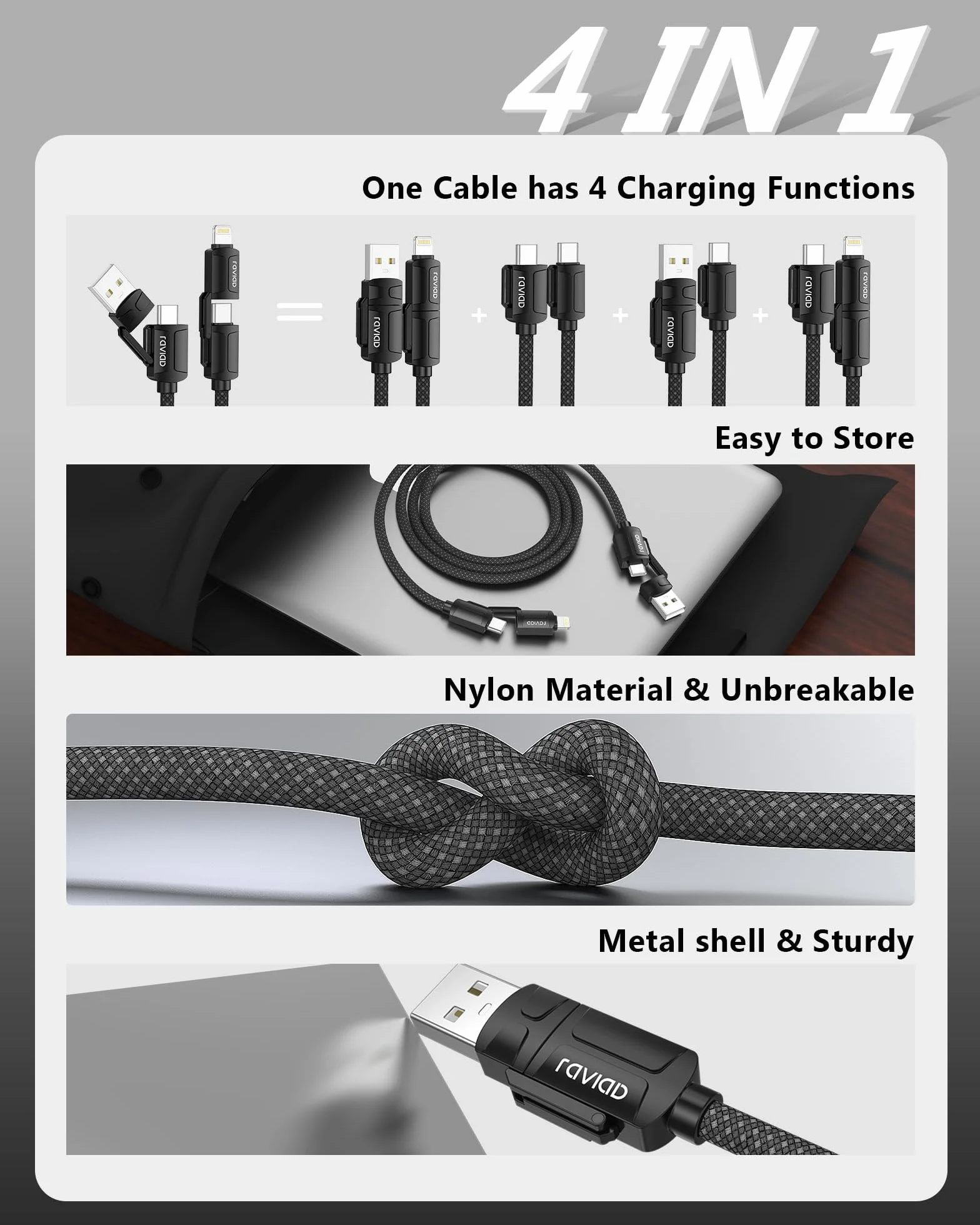RAVIAD Multi kabel USB, uniwersalny kabel do ładowania [2 M], nylonowy, szybki kabel do ładowania 4 w 1, 60 W, PD z USB C/USB A na Lightning, USBC/USB A na USBC do iPhone 16/15, Samsung Galaxy, Huawei