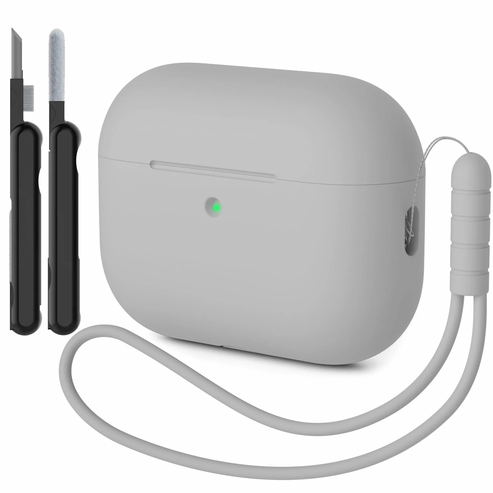 Etui kompatybilne z AirPods Pro 3, odporne na wstrząsy, odporne na upadki, odporne na zarysowania, silikonowe etui do AirPods Pro 3. generacji, z zestawem do czyszczenia i smyczą, szare