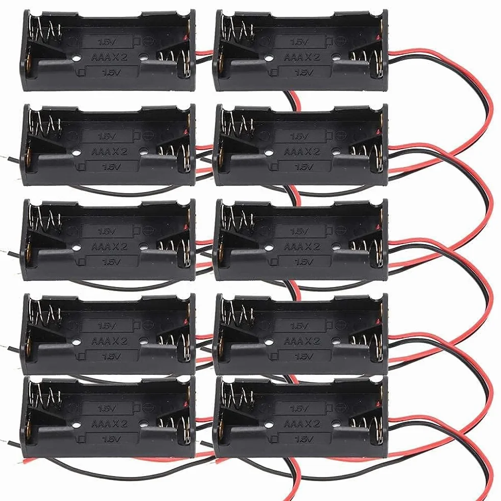 10 sztuk 2 x AAA, pojemnik na baterie z tworzywa sztucznego z kablem do zabawek elektronicznych, urządzeń gospodarstwa domowego, komora baterii, 2 x AAA (2 węzły)