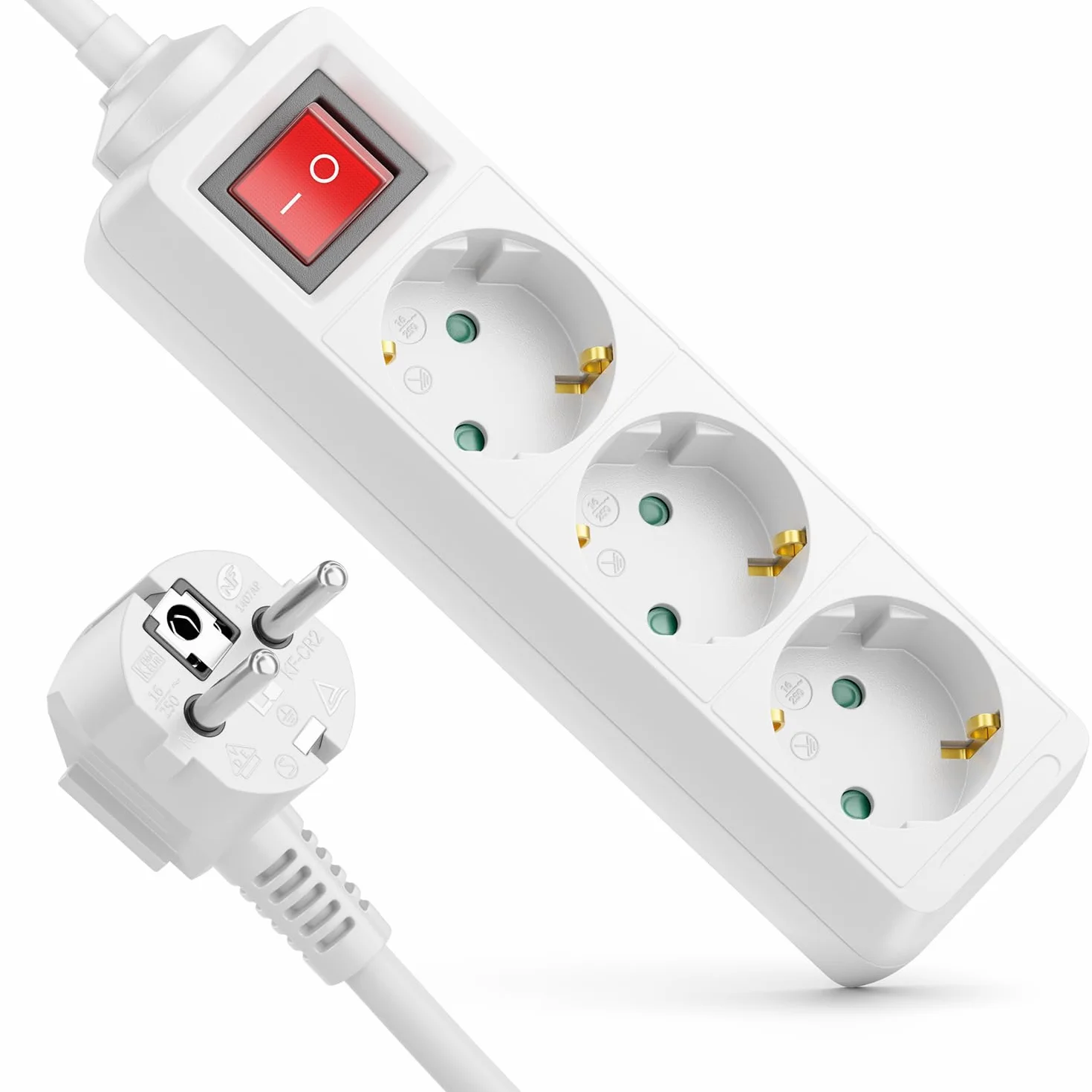 deleyCON Listwa Zasilająca 3-Gniazda z Wyłącznikiem, do Użytku Wewnętrznego, Kabel 1,4m, Wtyczka z Bolcem, Trwała Obudowa z Tworzywa Sztucznego - Biała