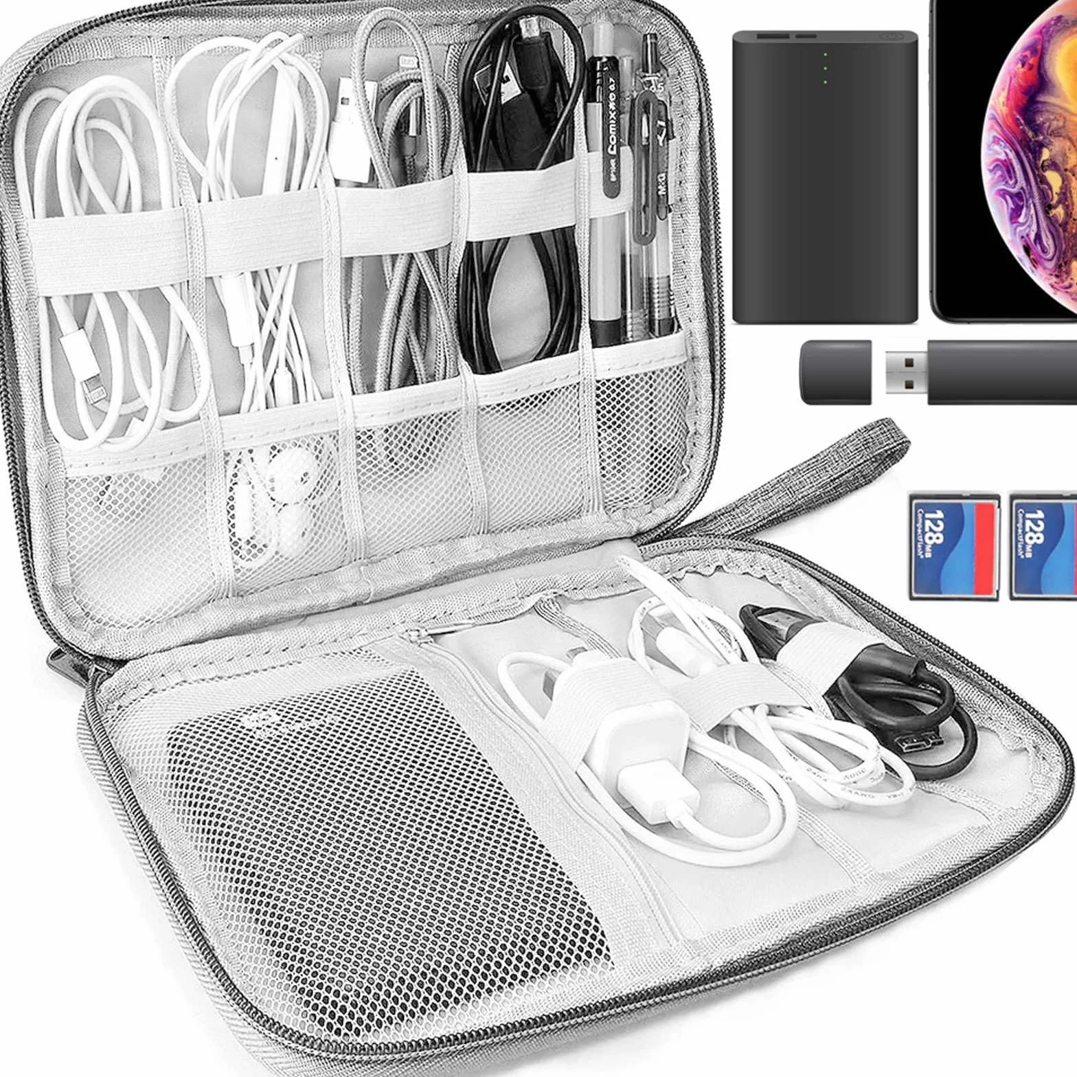 Retoo Torba do przechowywania kabli, organizer na kable, kabel ładujący i akcesoria podróżne, elektroniczne etui podróżne na telefon komórkowy, kabel, dysk twardy, pamięć USB, szary, 35.8x4.2x0.9,