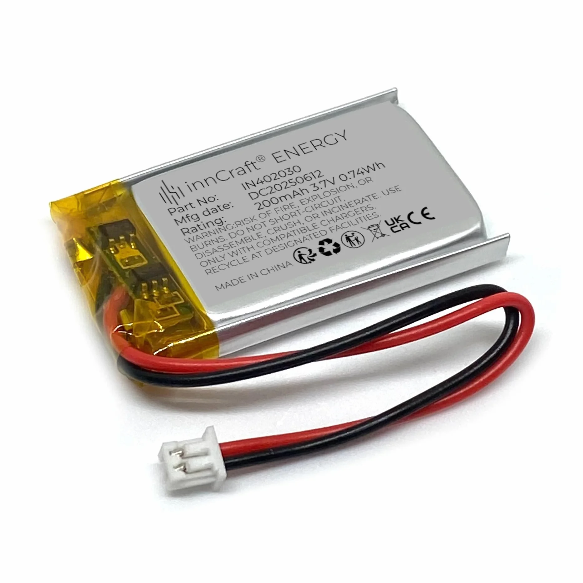 Akumulator Litowo Polimerowy innCraft Energy 200mAh 3.7V, 30x20x4 Model 402030 2P Molex 51021-020 1.25mm konektor