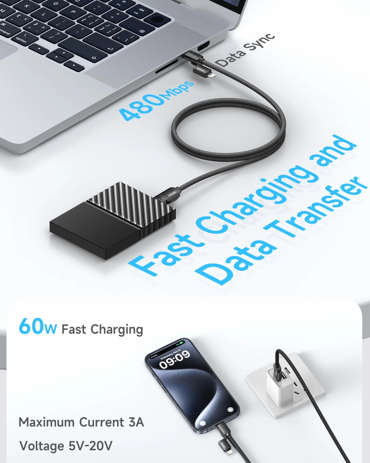RAVIAD Multi kabel USB, uniwersalny kabel do ładowania [2 M], nylonowy, szybki kabel do ładowania 4 w 1, 60 W, PD z USB C/USB A na Lightning, USBC/USB A na USBC do iPhone 16/15, Samsung Galaxy, Huawei