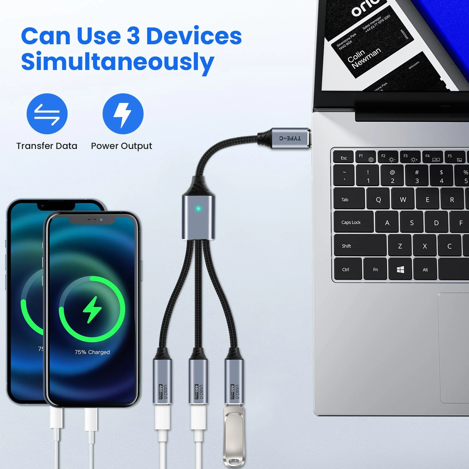 Rozdzielacz USB C, 3-portowy z adapterem USB do przesyłania danych, rozdzielacz USB-C do ładowania, męski na żeński kabel typu C, kompatybilny ze smartfonem, komputerem, pendrivem, klawiaturą