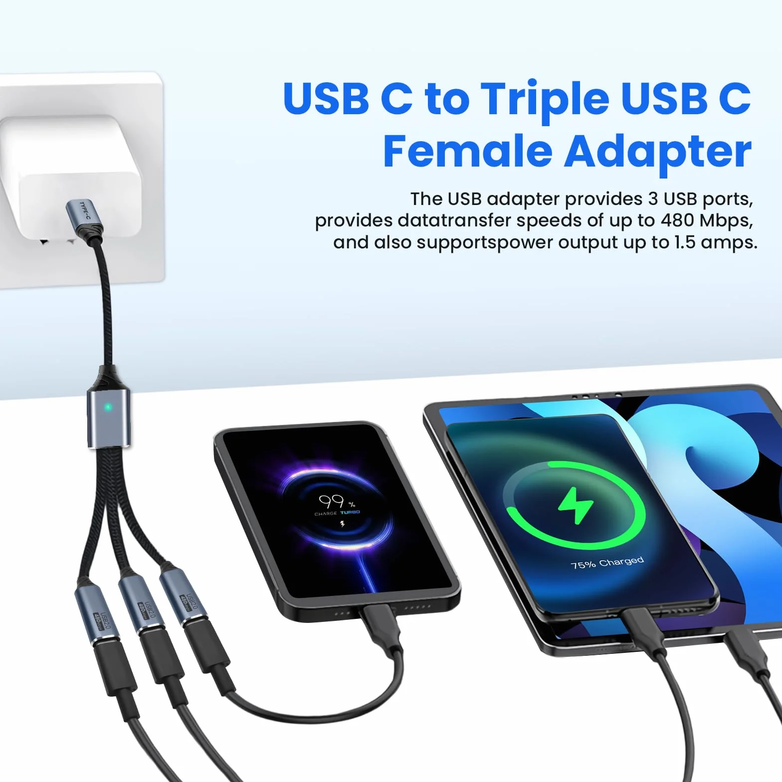 Rozdzielacz USB C, 3-portowy z adapterem USB do przesyłania danych, rozdzielacz USB-C do ładowania, męski na żeński kabel typu C, kompatybilny ze smartfonem, komputerem, pendrivem, klawiaturą