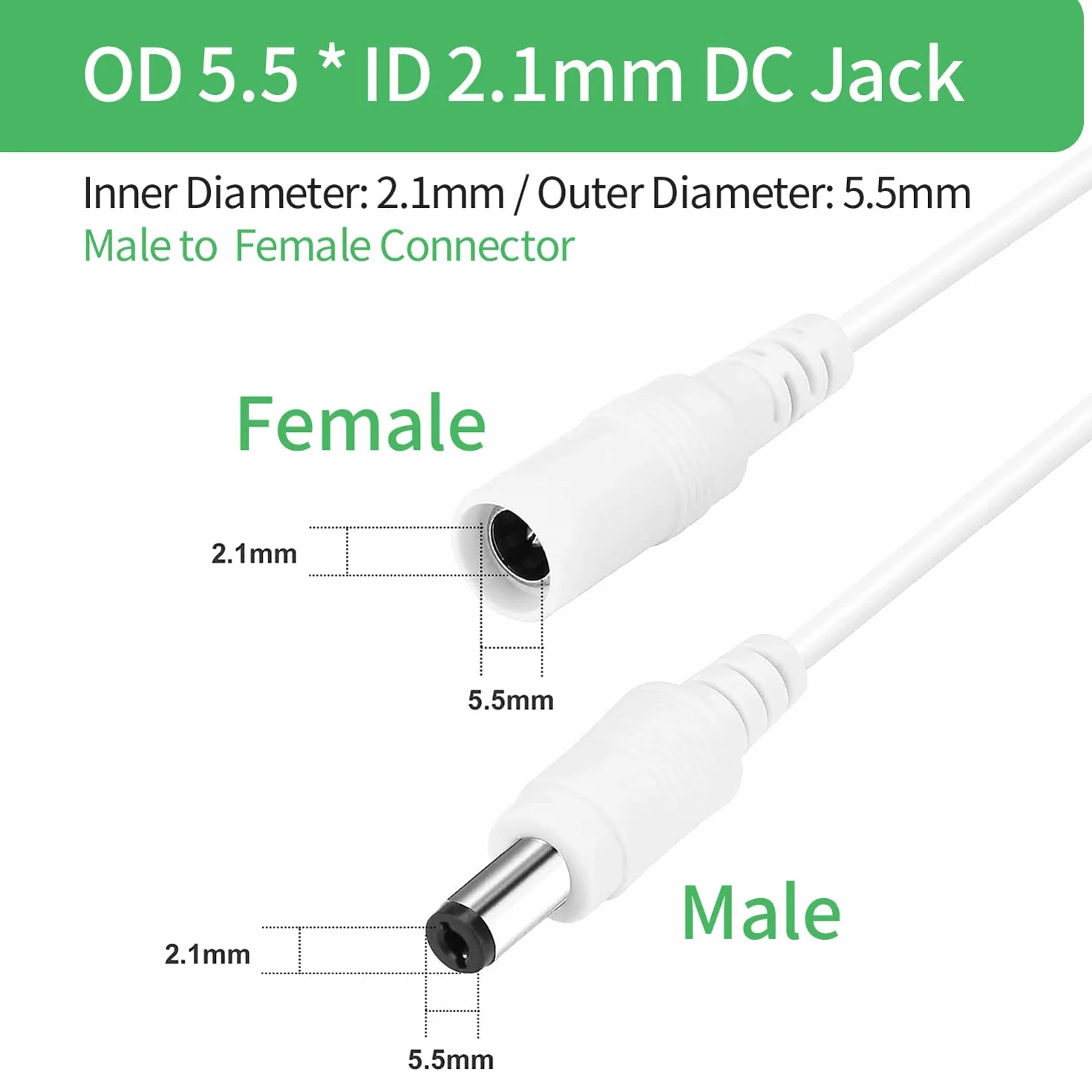 Przedłużacz zasilania DC 10 m, wtyczka 5,5 mm x 2,1 mm, wtyczka męska na żeńska, DC 5 V 6 V 9 V 12 V 24 V do kamer bezpieczeństwa, DVR, routera, drukarki, taśmy LED, biały