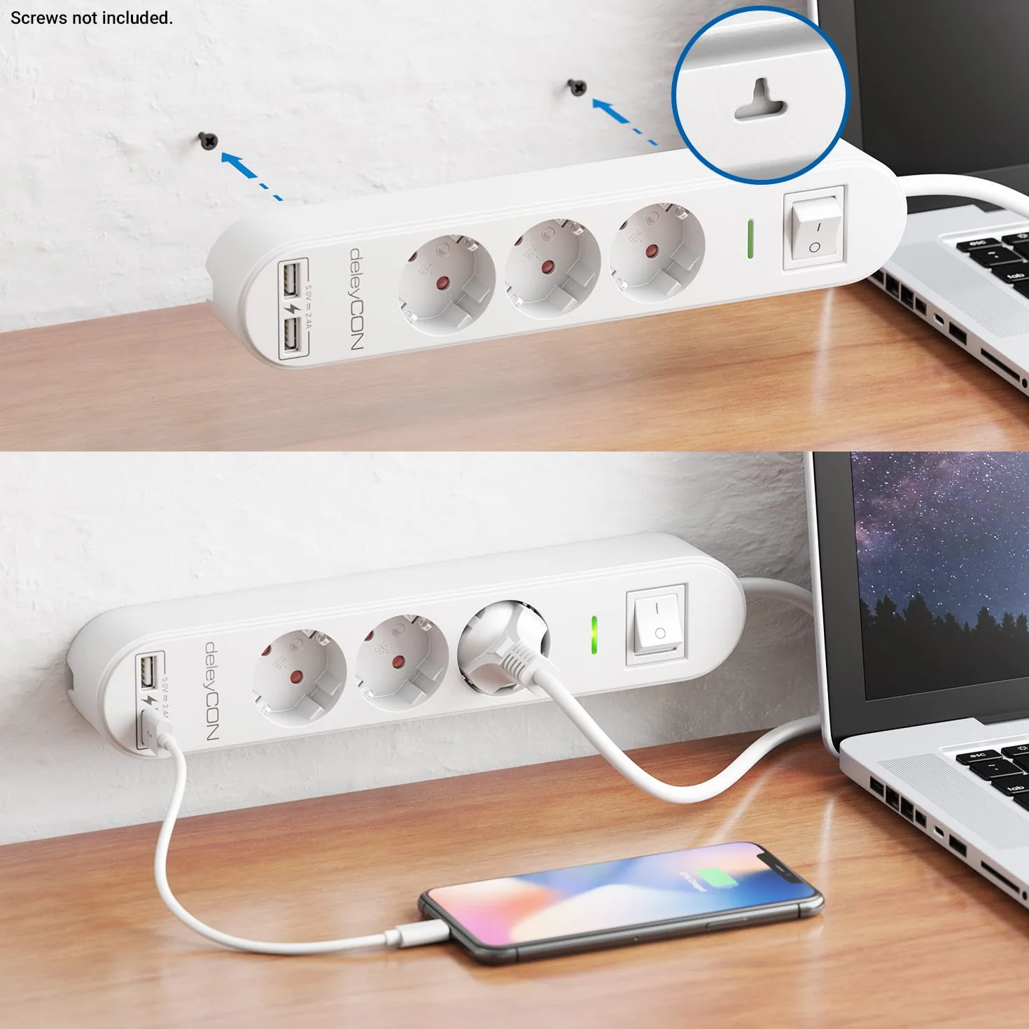 deleyCON 5m Listwa Zasilająca 3-Gniazda z USB, 3x Gniazdo z Bolcem Ochronnym, 2x USB-A Port ładowania np. do Telefonu & Tabletu, Ochrona Przeciwprzepięciowa, Wyłącznik ON/OFF, Biała