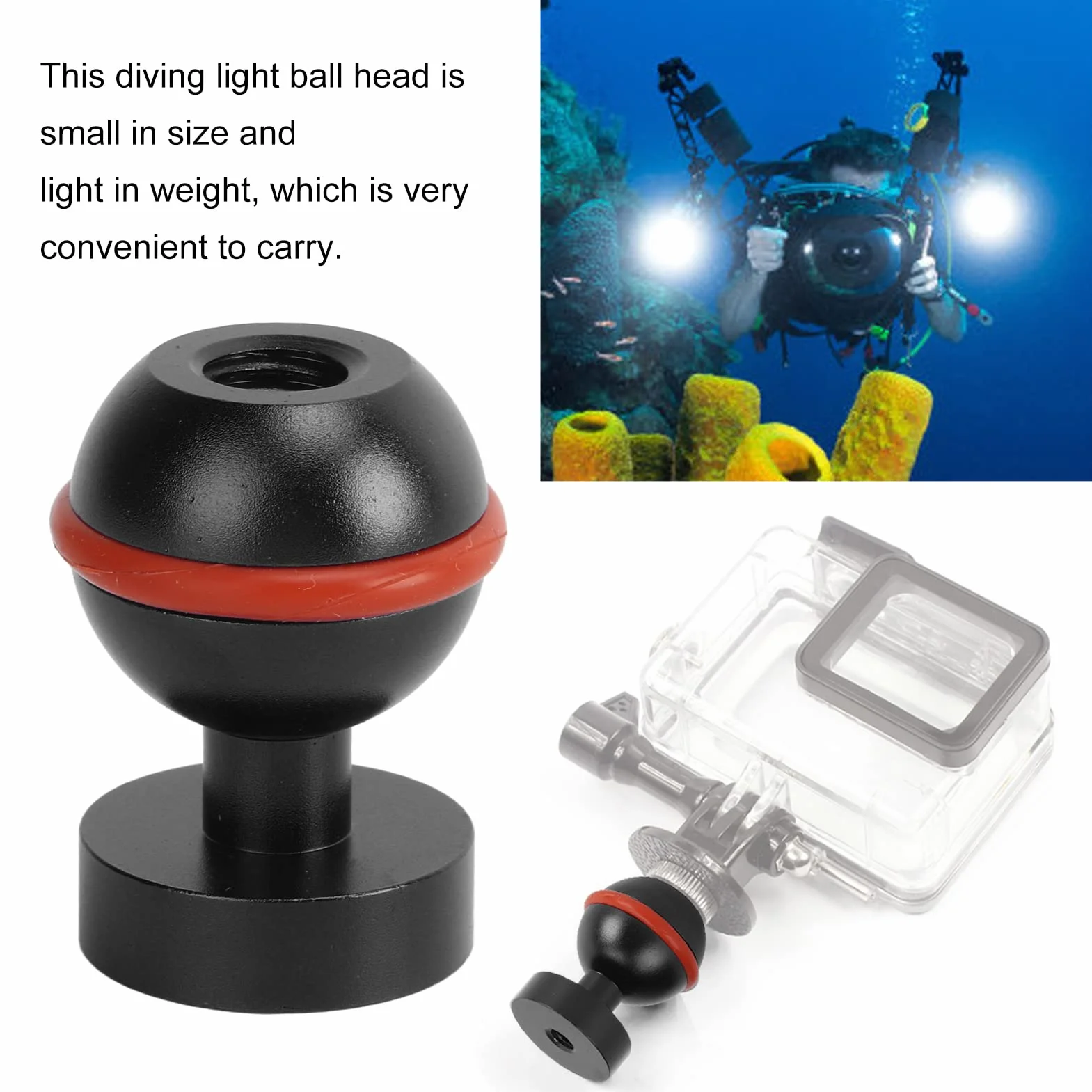 Akozon Adapter do podwodnego ramienia kuli, głowica kuli ze stopu aluminium, twarda powłoka anodowana: mała, lekka, trwała latarka nurkowa, głowa piłki (czarna)