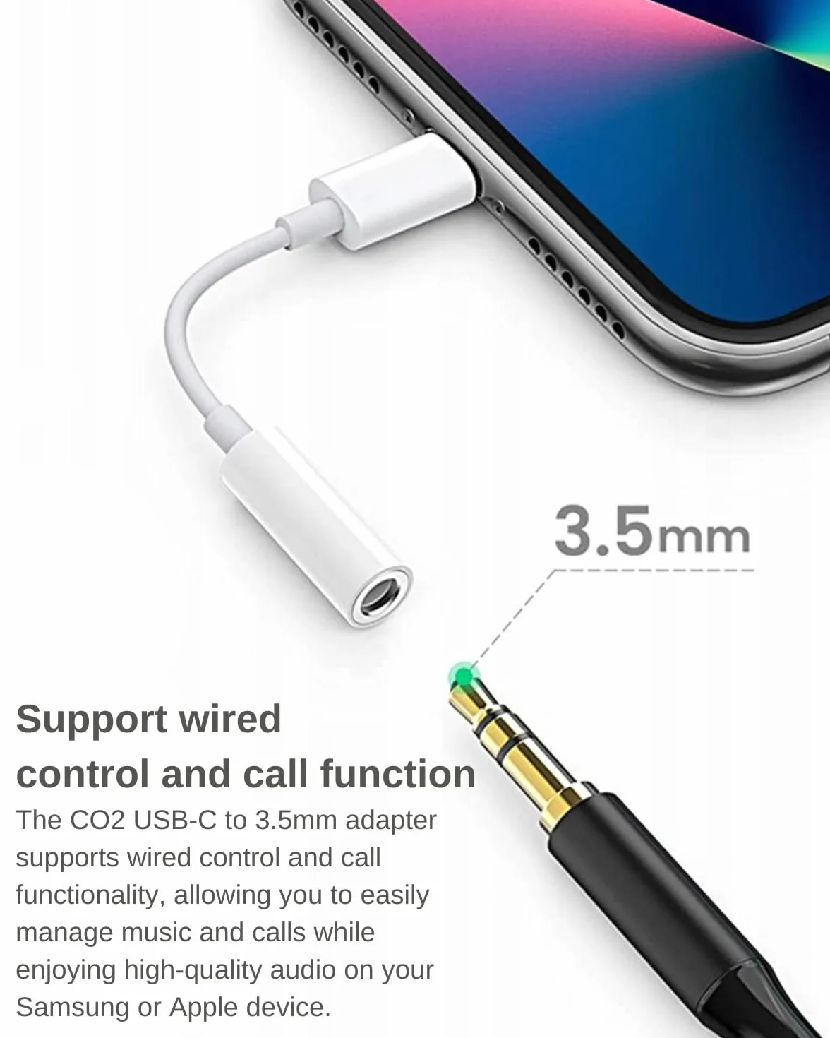 CO2 Adapter USB-C do Mini Jack 3,5 mm AUX z Przetwornikiem DAC 128 kHz HD, Hi–FI Najwyższa Jakość Dźwięku, Biały, Kabel Kompatybilny z iPhone 16, 15, Pro, Max, Plus, MacBook, iPad Pro, Samsung (DAC)