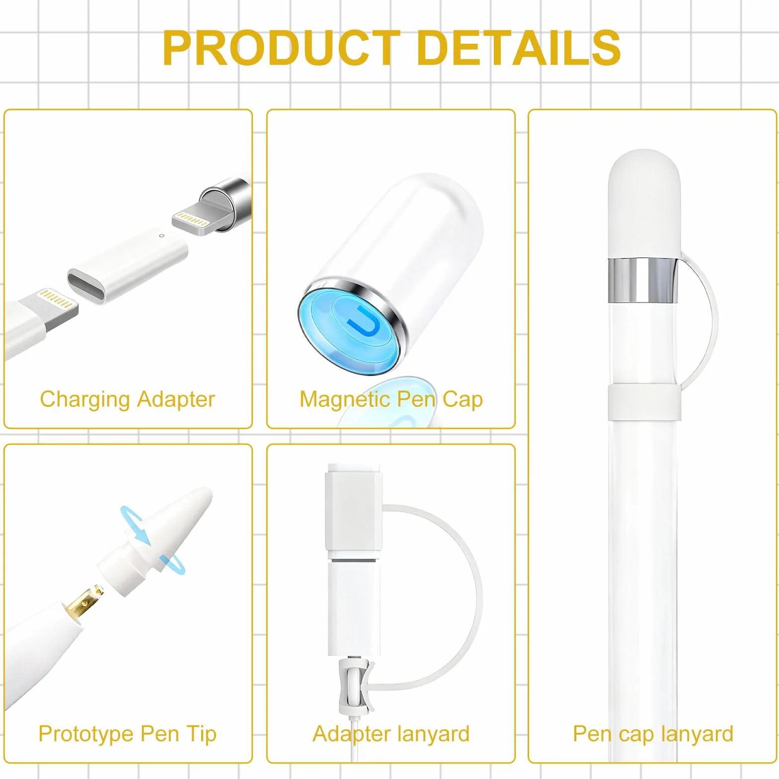 Magnetyczna nasadka zamienna i adapter do ładowania zestaw do Apple Pencil, silikonowa nasadka ochronna z adapterem Tether, kompatybilna z iPad Pencil 1. generacji