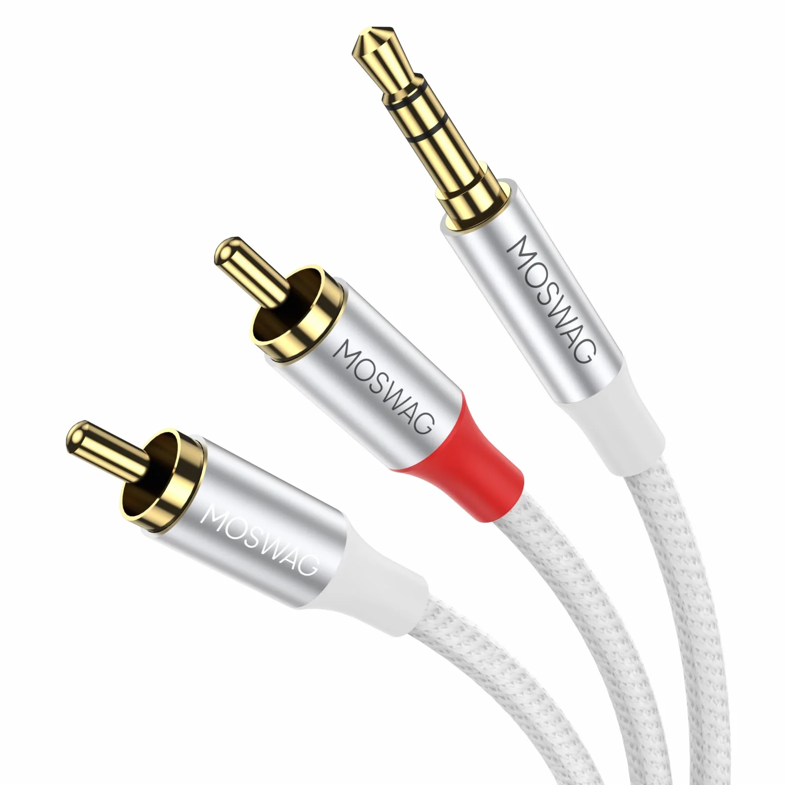 MOSWAG Kabel RCA 3,5 mm męski na 2RCA adapter audio stereo podwójnie ekranowany pozłacany nylonowy pleciony