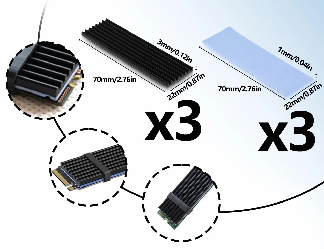 Zestaw 3 radiatorów M2 SSD, aluminiowa chłodnica z zestawem podkładek termicznych, kompatybilna z M.2 PCIe NVME SSD (czarny, 70 x 22 x 3 mm)
