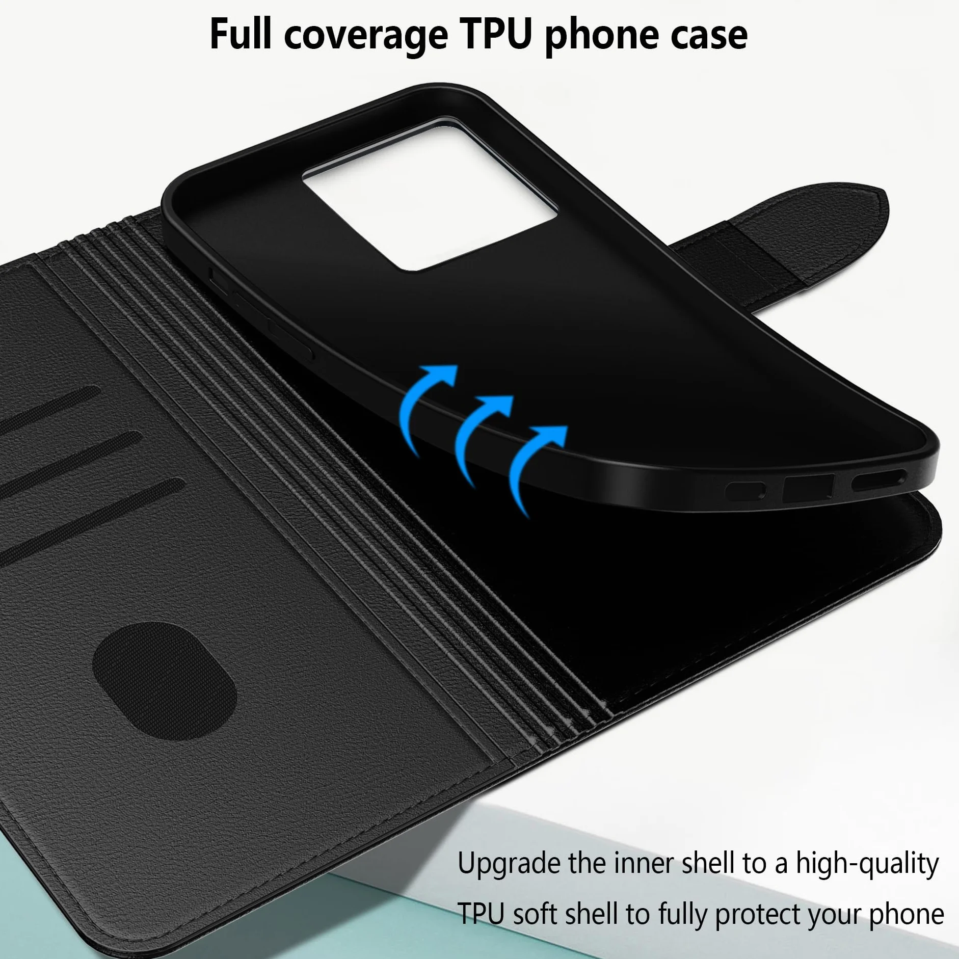 Etui do Motorola Moto G15, wysokiej jakości skórzane etui z klapką z przegródkami na karty, magnetyczne zamknięcie, podpórka, odporne na wstrząsy ochronne, do telefonu Motorola G15, czarne