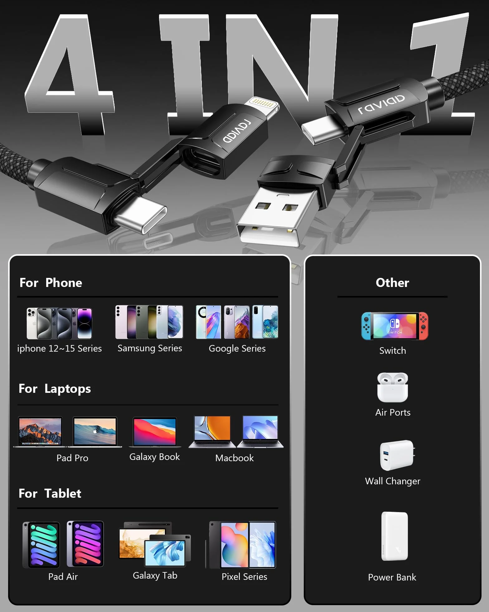 RAVIAD Multi kabel USB, uniwersalny kabel do ładowania [2 M], nylonowy, szybki kabel do ładowania 4 w 1, 60 W, PD z USB C/USB A na Lightning, USBC/USB A na USBC do iPhone 16/15, Samsung Galaxy, Huawei