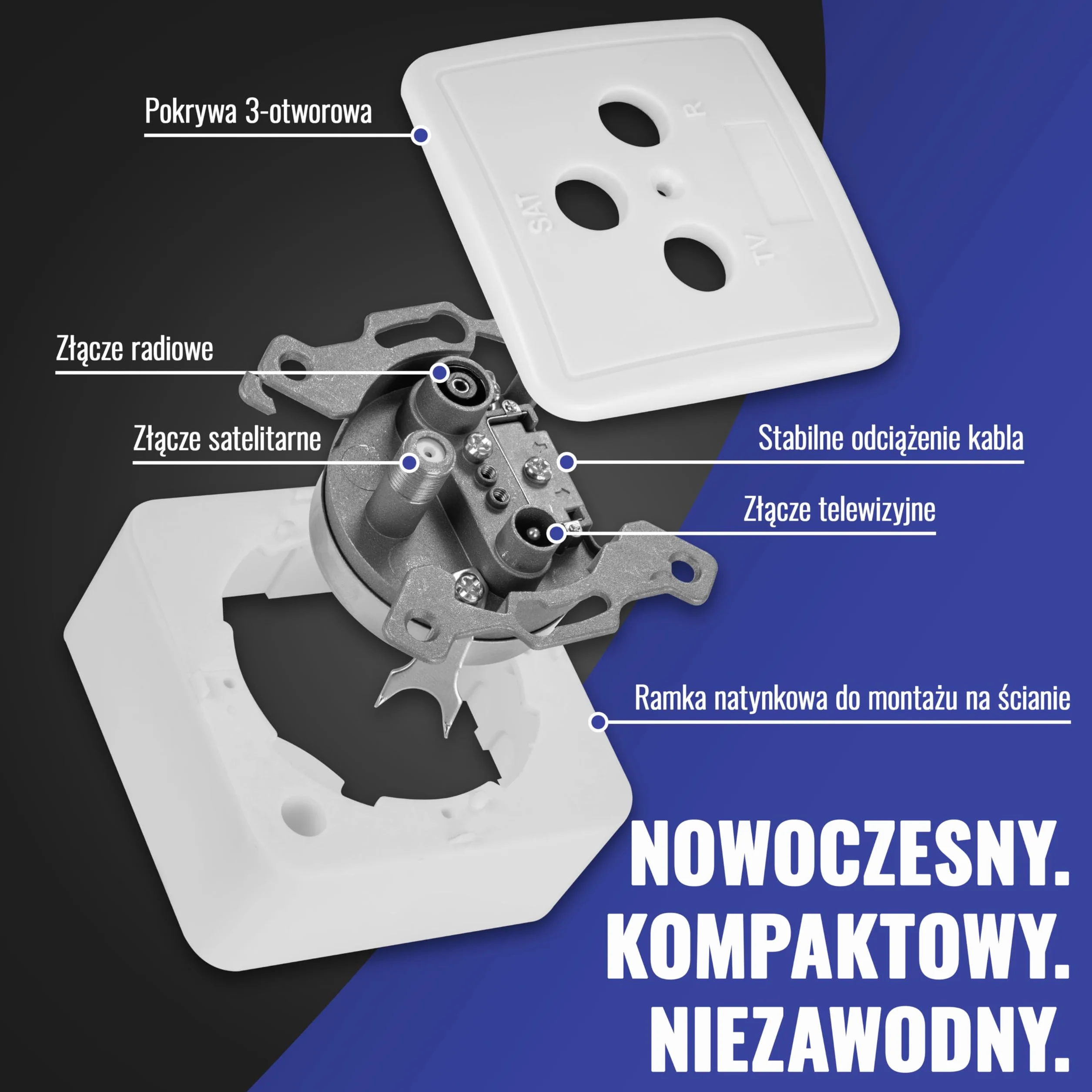 Poppstar gniazdo antenowe 3-otworowe SAT TV przyłącza kablowe do montażu natynkowego podtynkowego