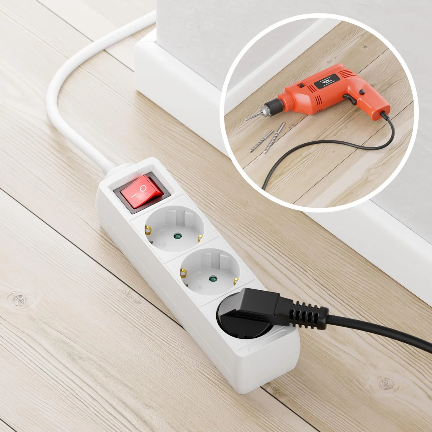 deleyCON Listwa Zasilająca 3-Gniazda z Wyłącznikiem, do Użytku Wewnętrznego, Kabel 1,4m, Wtyczka z Bolcem, Trwała Obudowa z Tworzywa Sztucznego - Biała