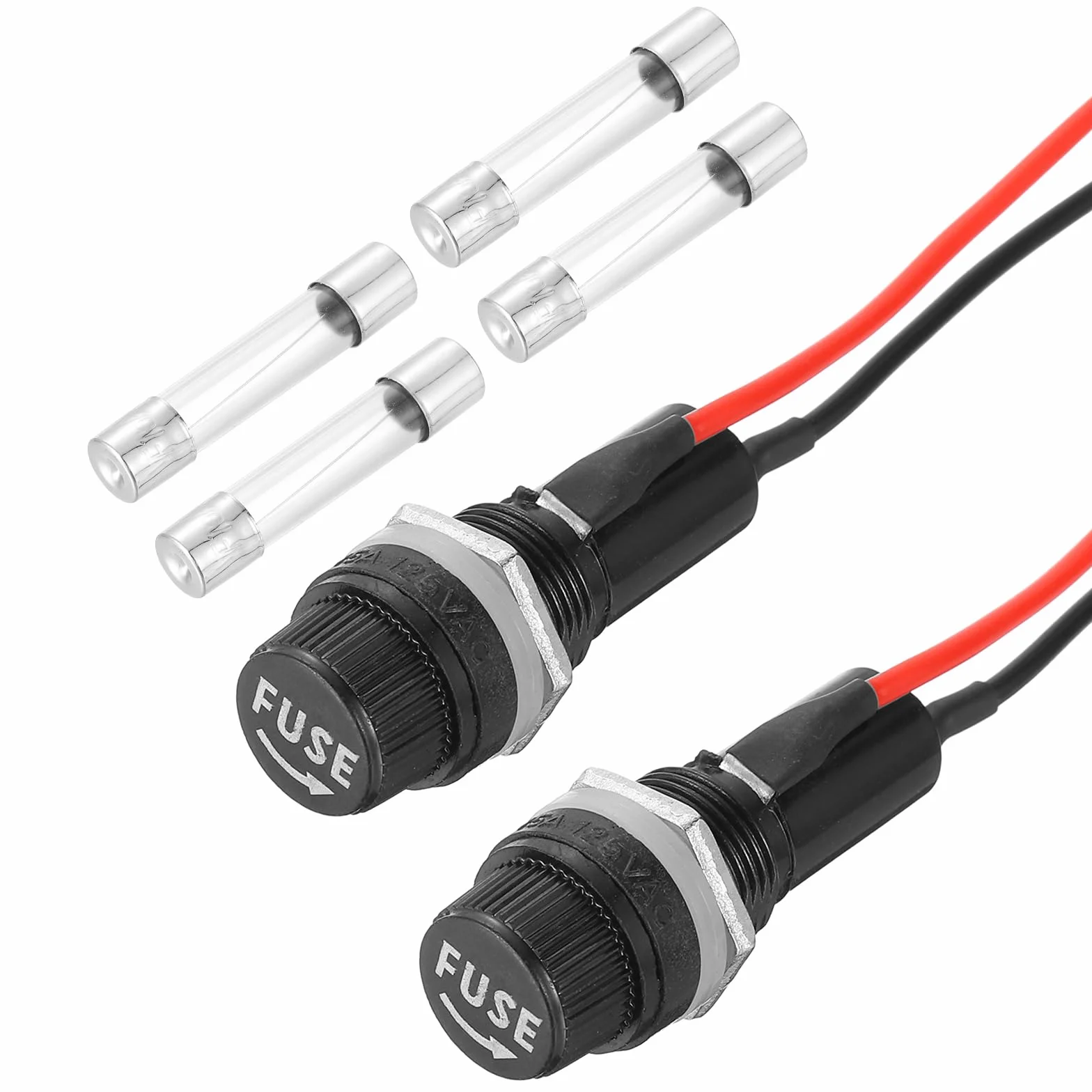 QUARKZMAN Zestaw 2 uchwytów bezpiecznikowych 6 x 30 mm, 125 V AC 15 A, nakrętka śrubowa, uchwyt bezpiecznikowy z wstępnie przylutowanymi przewodami i zestawem bezpieczników szklanych 15 A
