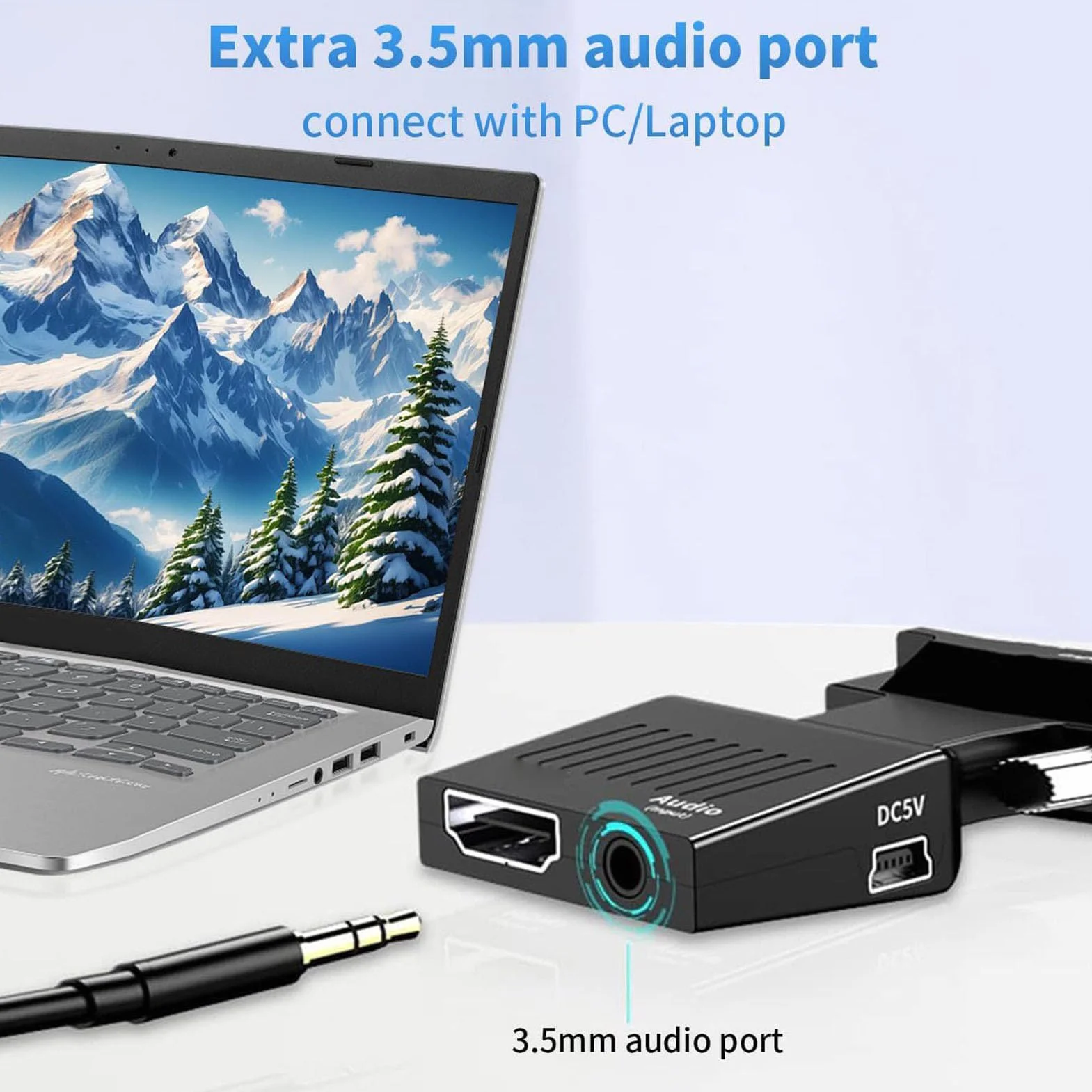 Adapter VGA na HDMI, Konwerter Interfejsu Multimedialnego VGA na HD z Portem Audio 3,5 Mm, Aktywny Męski Konwerter VGA na żeńskie HDMI 1080P, Obsługuje synchronizację Dźwięku i